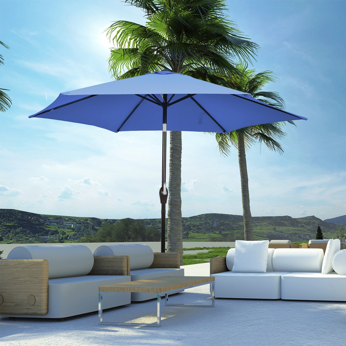 SUGIFT 10-ft Blue Market Table Patio Umbrella with Push Button Tilt Crank Lift and 8 Steel Ribs for Garden