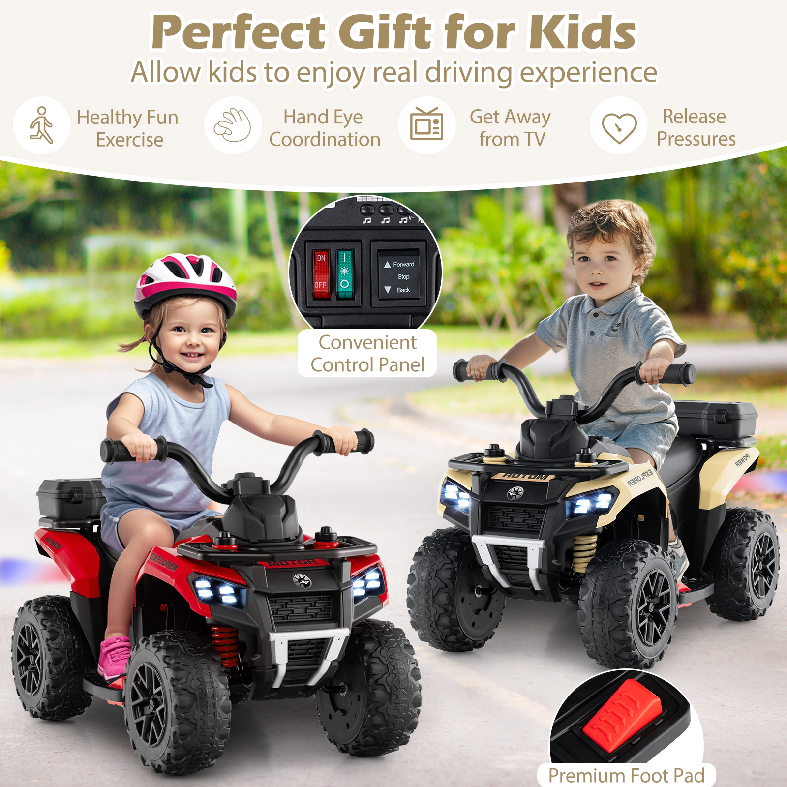 SUGIFT 6V Kids Ride On ATV with Spray Function and Storage Box 44-lb Capacity Ages 18 Months and Up Khaki with Music