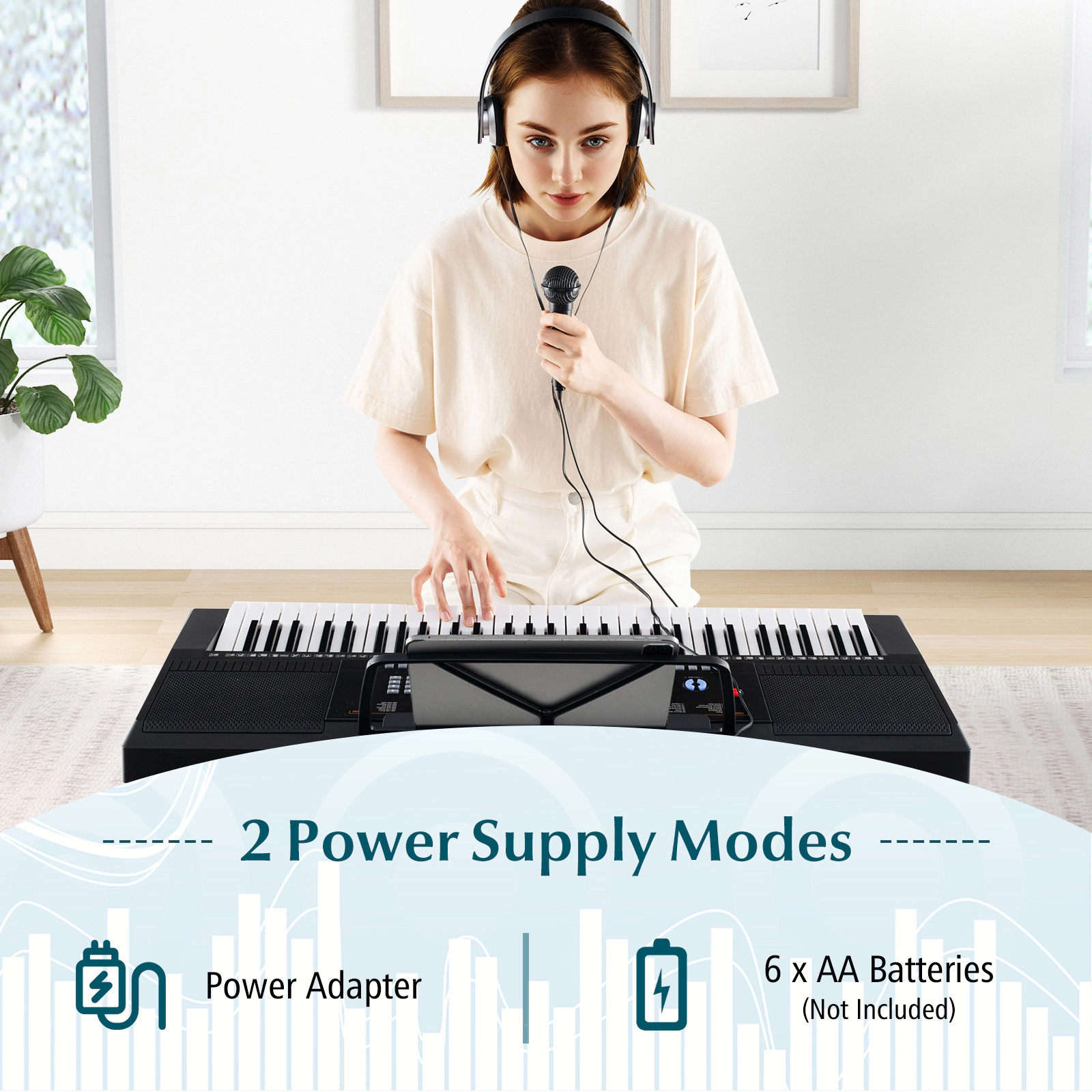 SUGIFT 61-Key Electronic Keyboard Piano Starter Set with Stand Bench and Headphones Black White