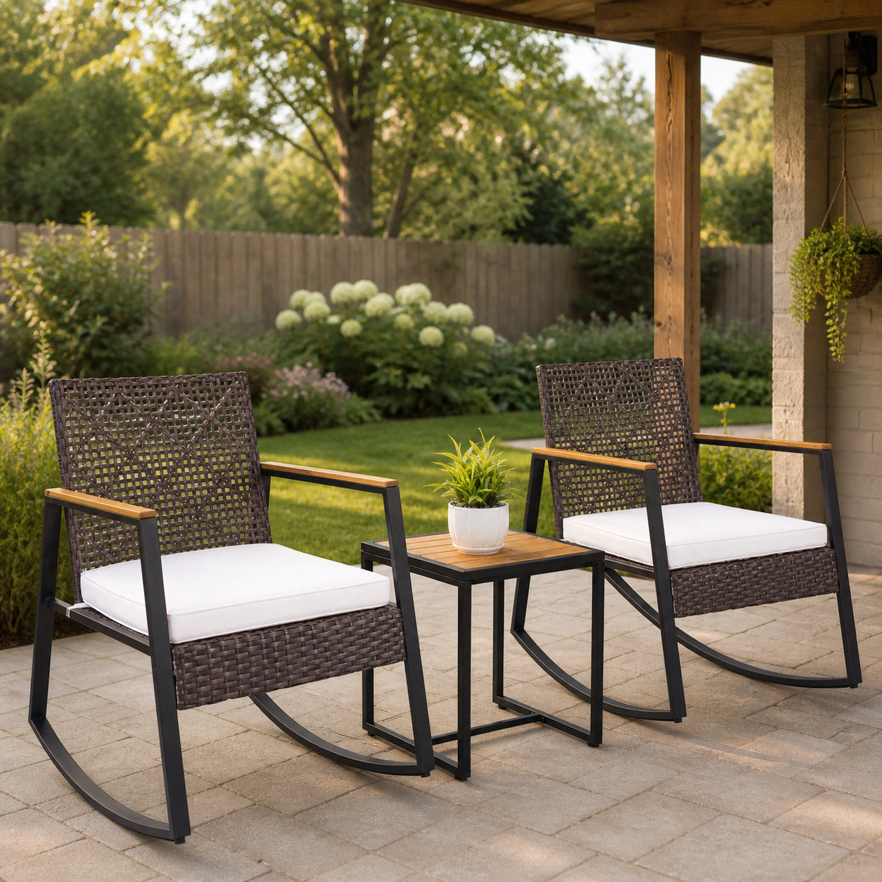 SUGIFT 3-Piece Mixed Brown Outdoor Wicker Rocking Chair Set with Coffee Table