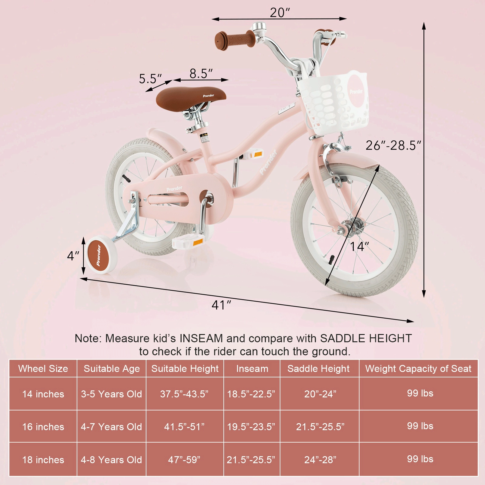 14-in Girls Bike with Training Wheels Removable Basket and Coaster Brake for Ages 3-5 Air Tires Kids Bicycle