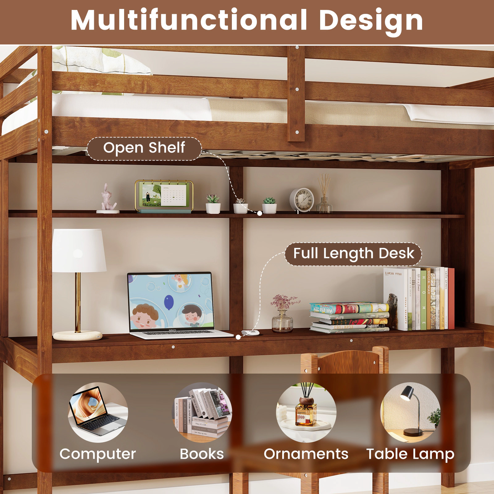 SUGIFT Brown Full-Length Desk and Guardrail Twin Size Kids Solid Wood Loft Bed