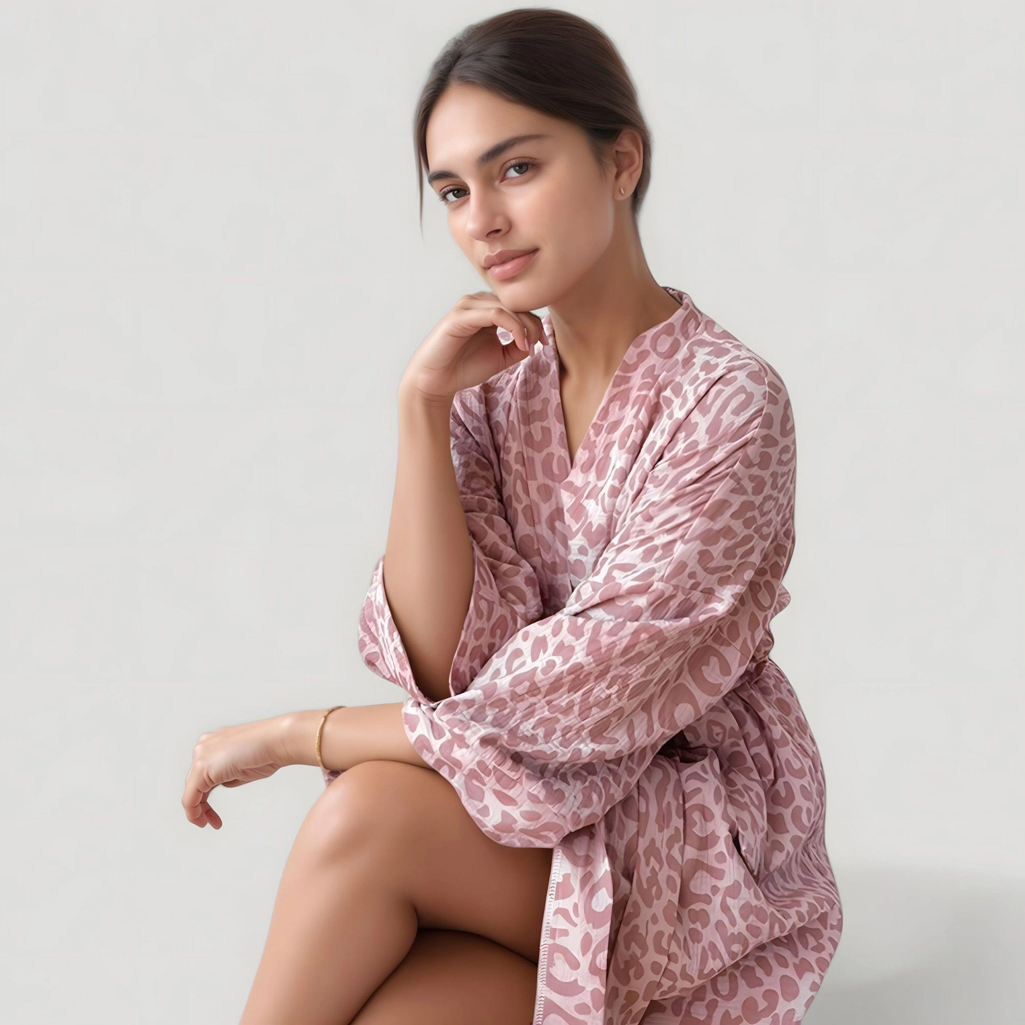 Anna-Kaci Women's Leopard Print Bath Robe with Waist Tie and Wide Sleeves