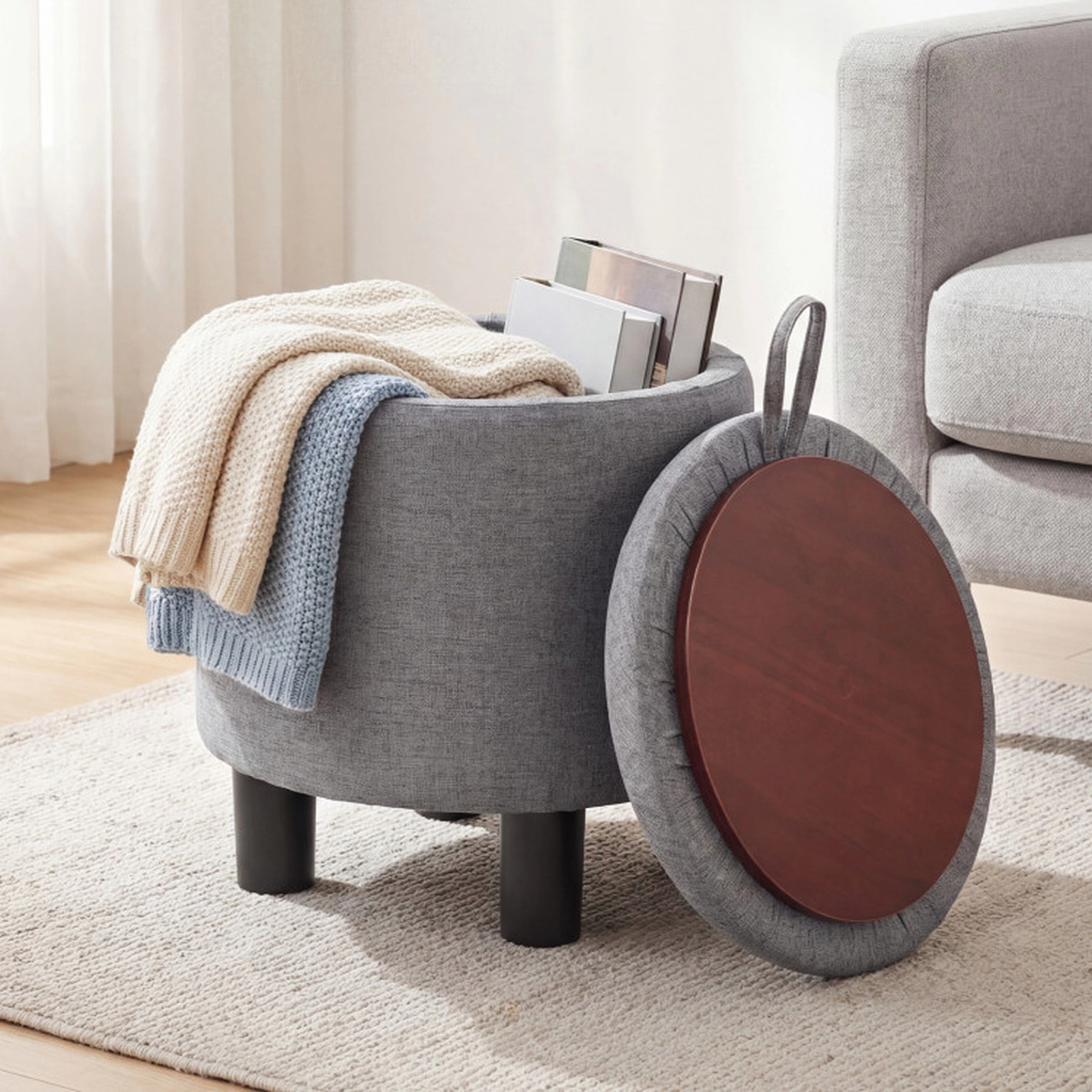 SUGIFT Gray Reversible Lid Round Storage Ottoman Linen Upholstered Footrest Stool