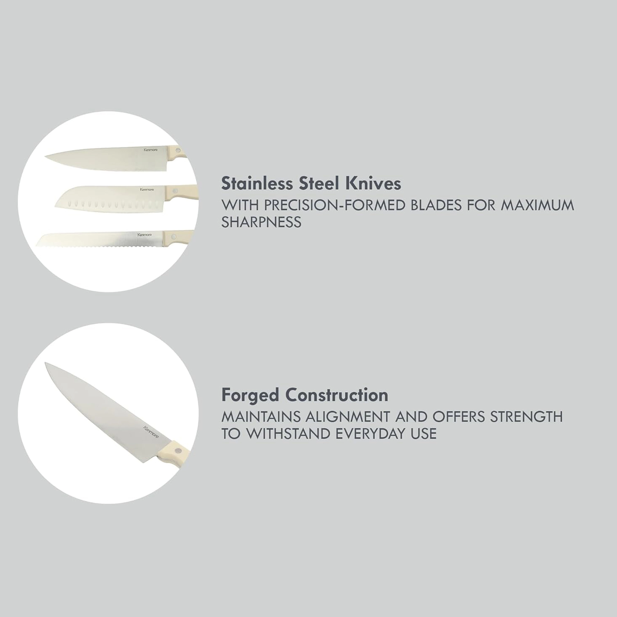 Kenmore Kane 14 Piece Stainless Steel Cutlery With Ashwood Storage Block in Linen