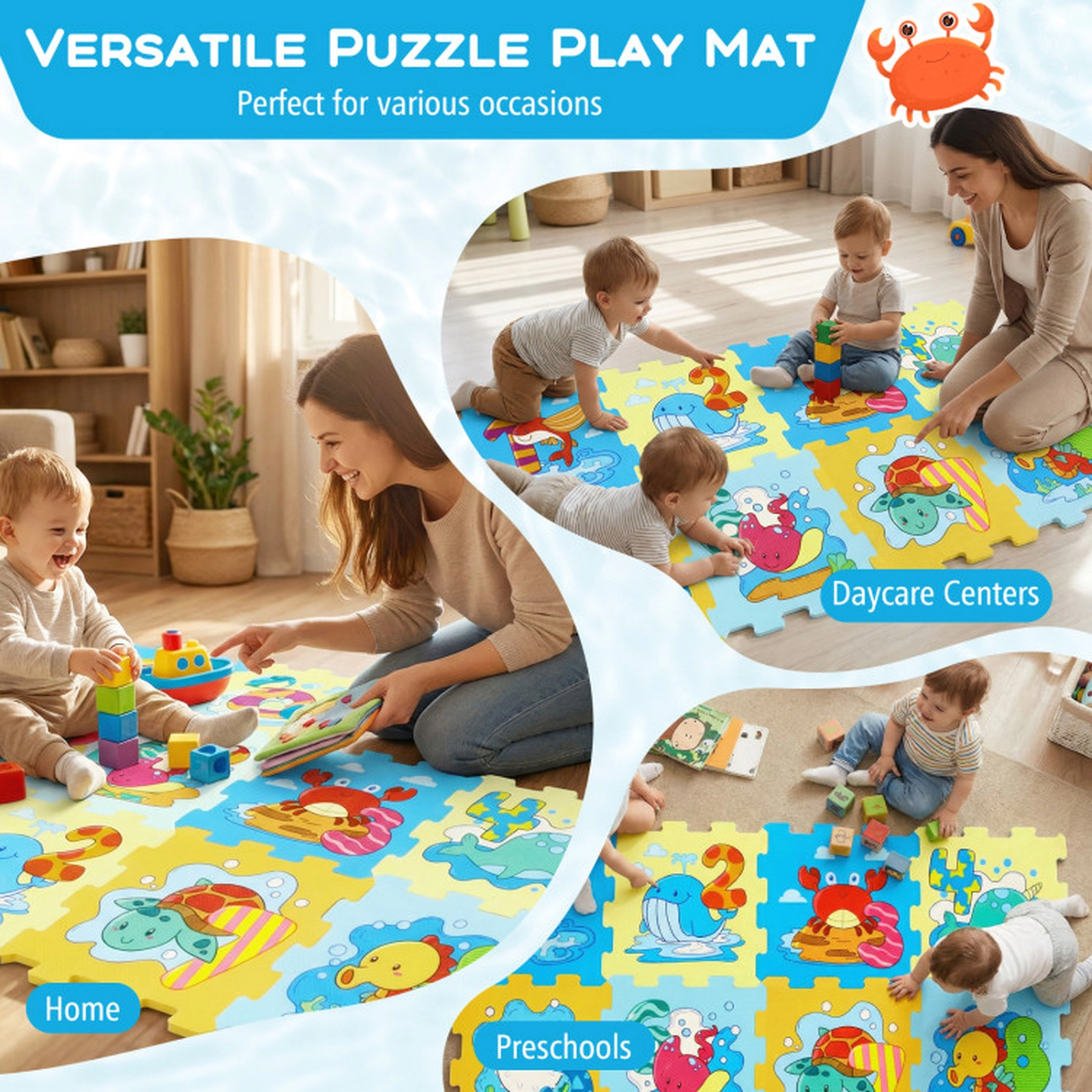 SUGIFT 8-Piece 12-in Educational Interlocking EVA Foam Baby Play Mat with Removable Animals and Numbers