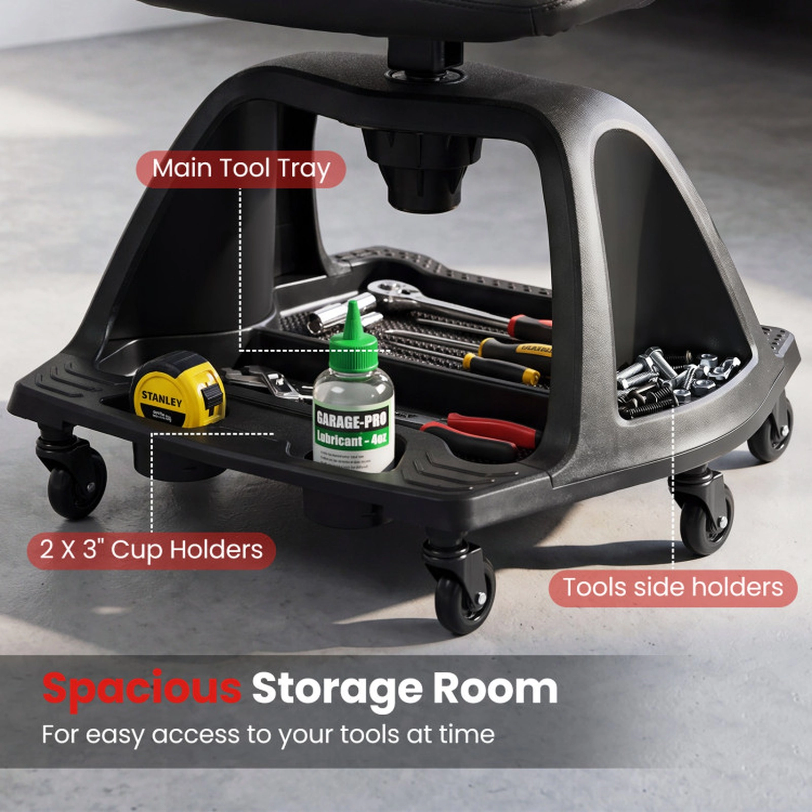 SUGIFT 6 Universal Wheels Padded Backrest Tool Tray Rolling Garage Mechanic Stool 23-in x 21-in x 29.5-in 330-lb Red