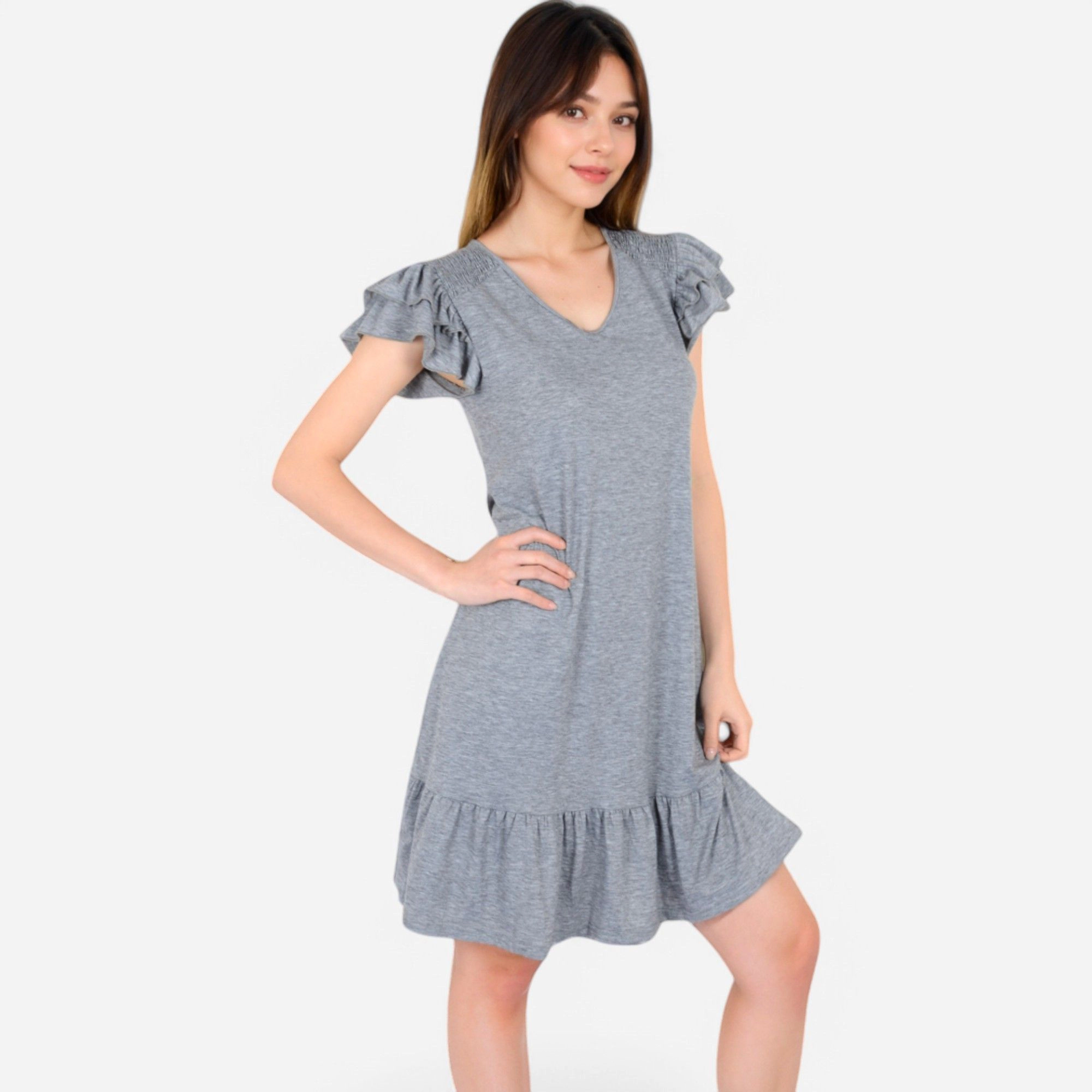 Anna-Kaci Women's Ruffle Sleeve V Neck Tiered Hem Casual Fit Dress