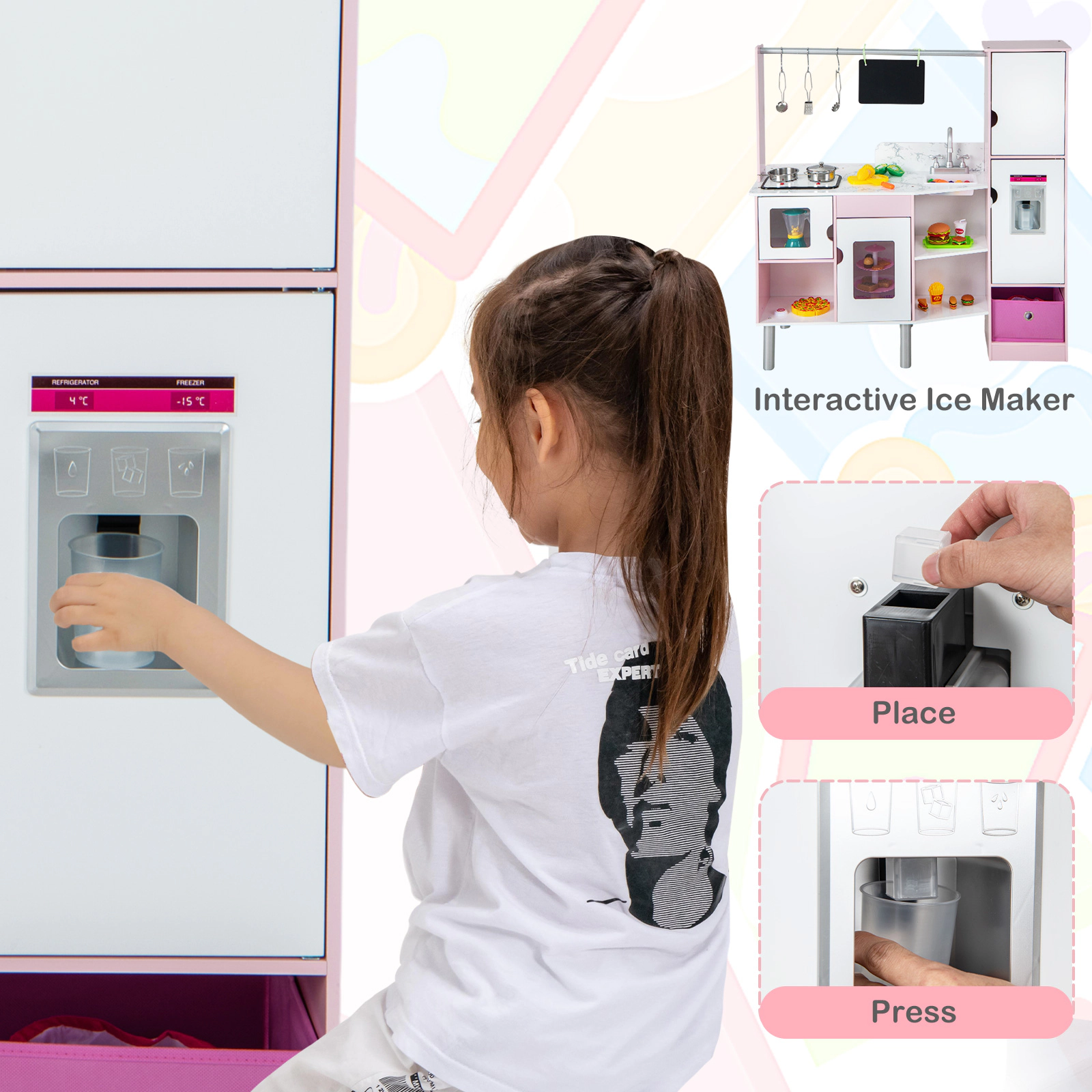 SUGIFT Pink Light and Sound 2-in-1 Double-Sided Kids Play Kitchen and Market Stand