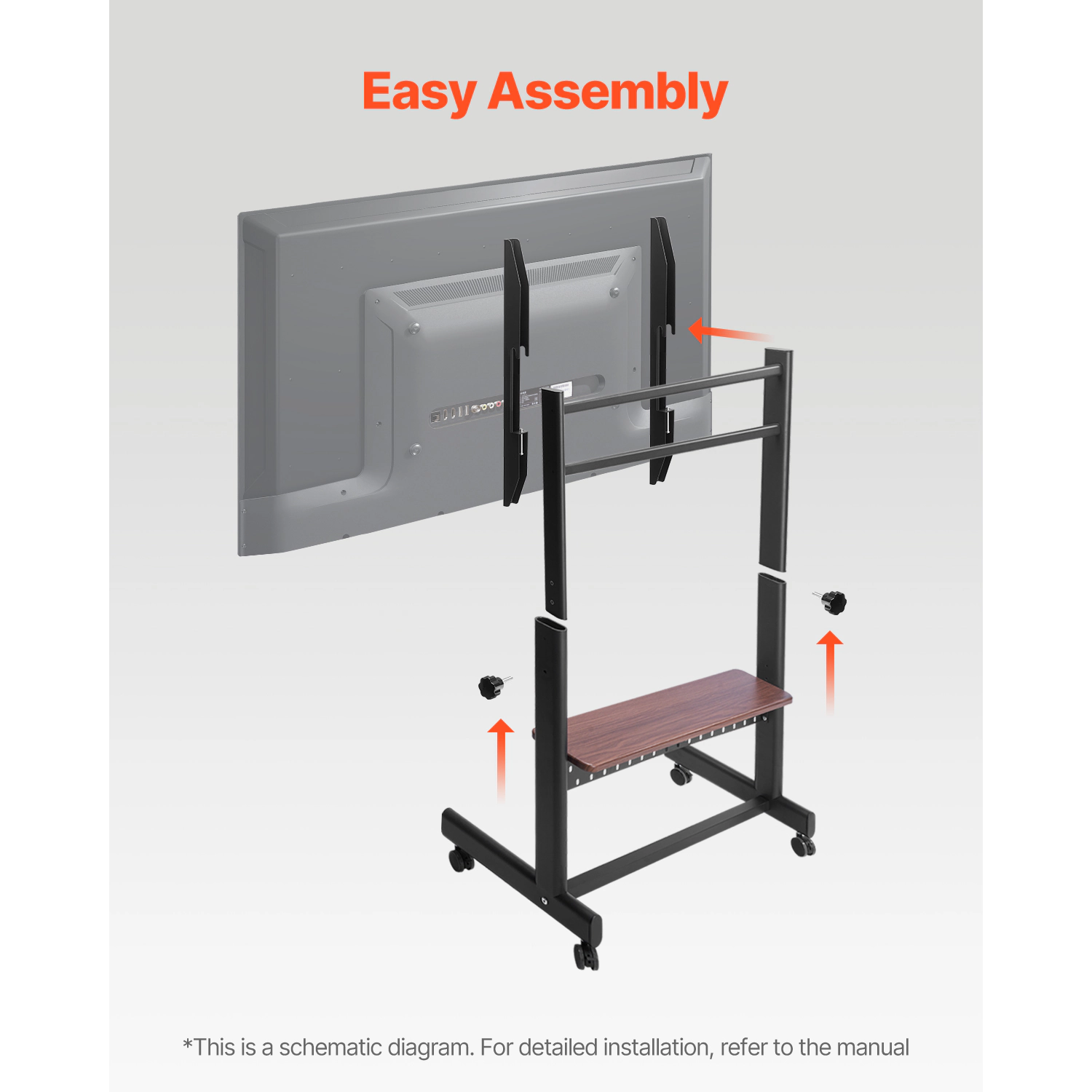 HONGGE Universal Rolling TV Cart for 55-100 Inch Screens, Height Adjustable Mobile Stand with Tray
