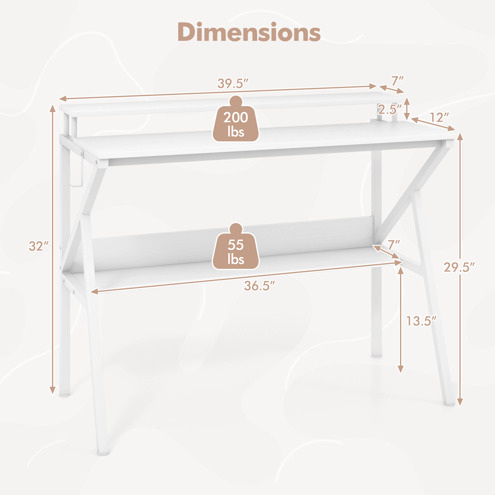SUGIFT 39.5-Inch Computer Desk with Monitor Stand, Bottom Shelf and Removable Hook