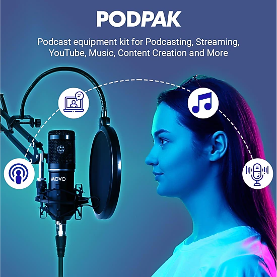 Movo PodPak Podcast Equipment Bundle with Microphone Boom Arm and Pop Filter