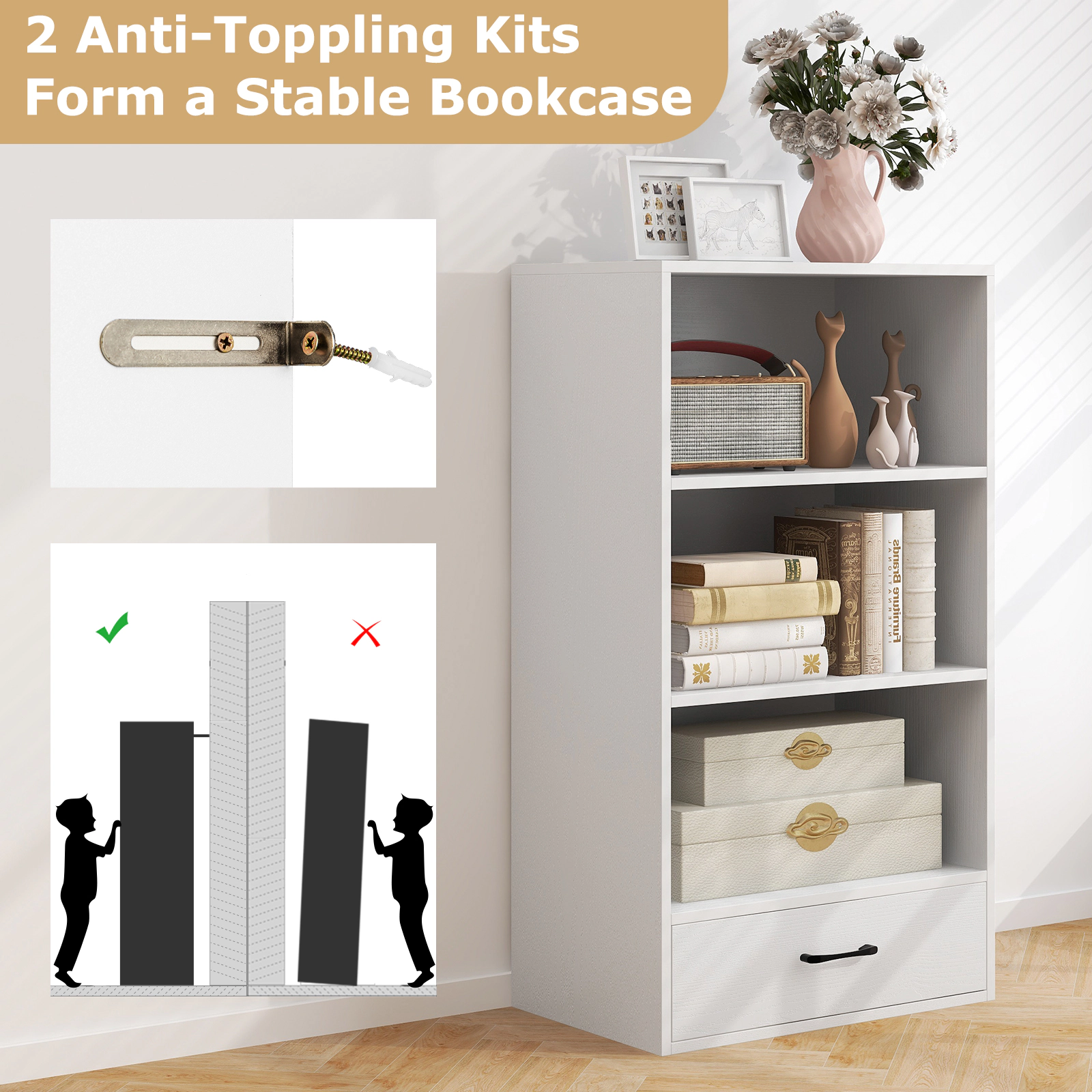 SUGIFT 4-Tier White Wood Bookshelf with Drawer 3 Open Shelves and 88-lb Top for Living Room and Office