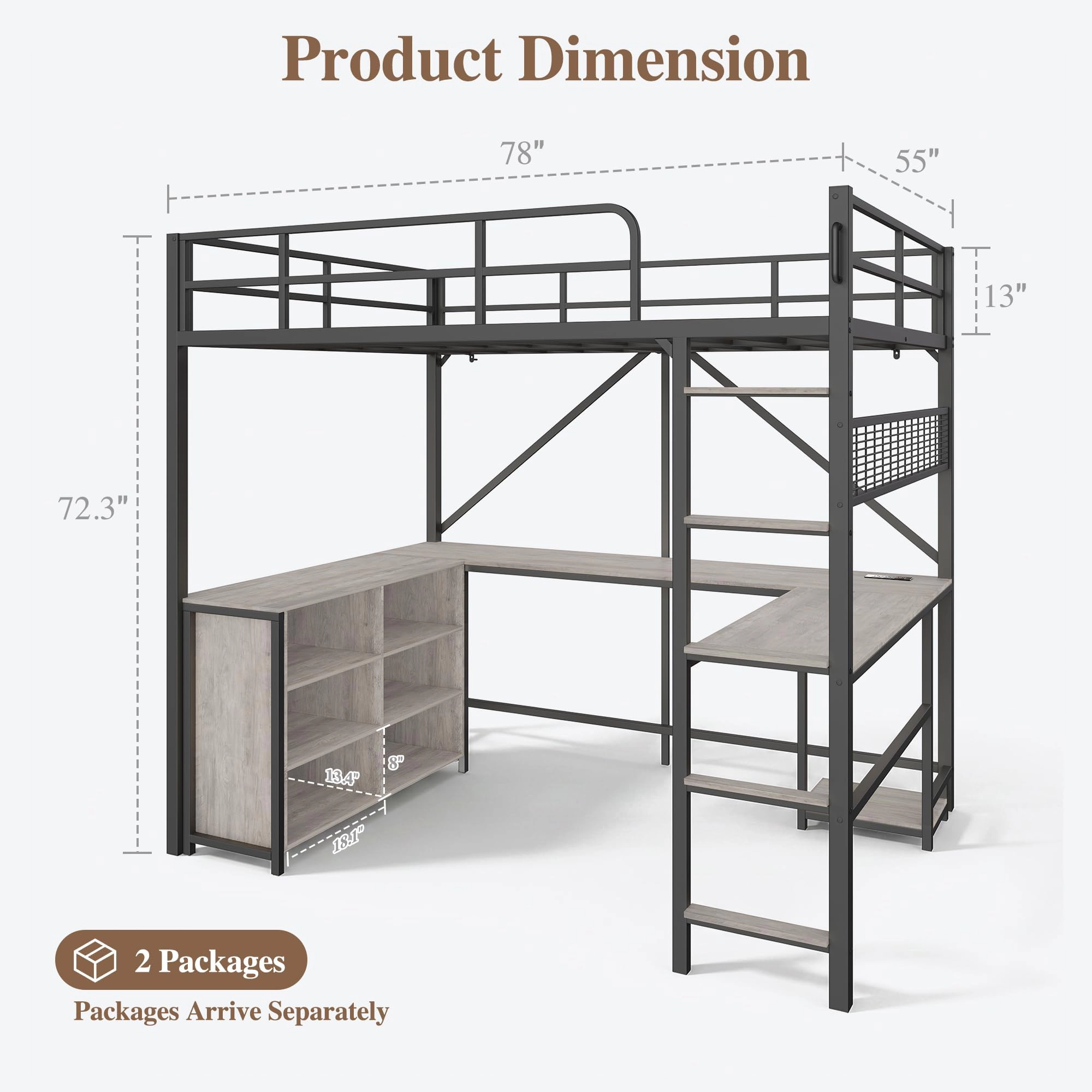 Full Loft Bed with U-Shaped Desk, Storage Cubbies, LED Light, Power Outlet & Heavy Duty Metal Frame