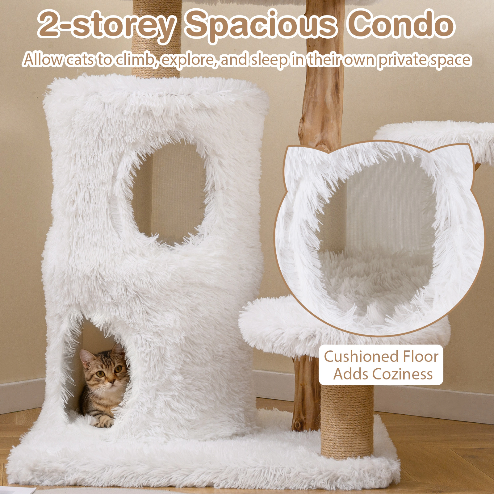 SUGIFT Modern 30.5-in Cat Tree Tower with Pear Wood Branches and Condos 33-lb Capacity White+Natural