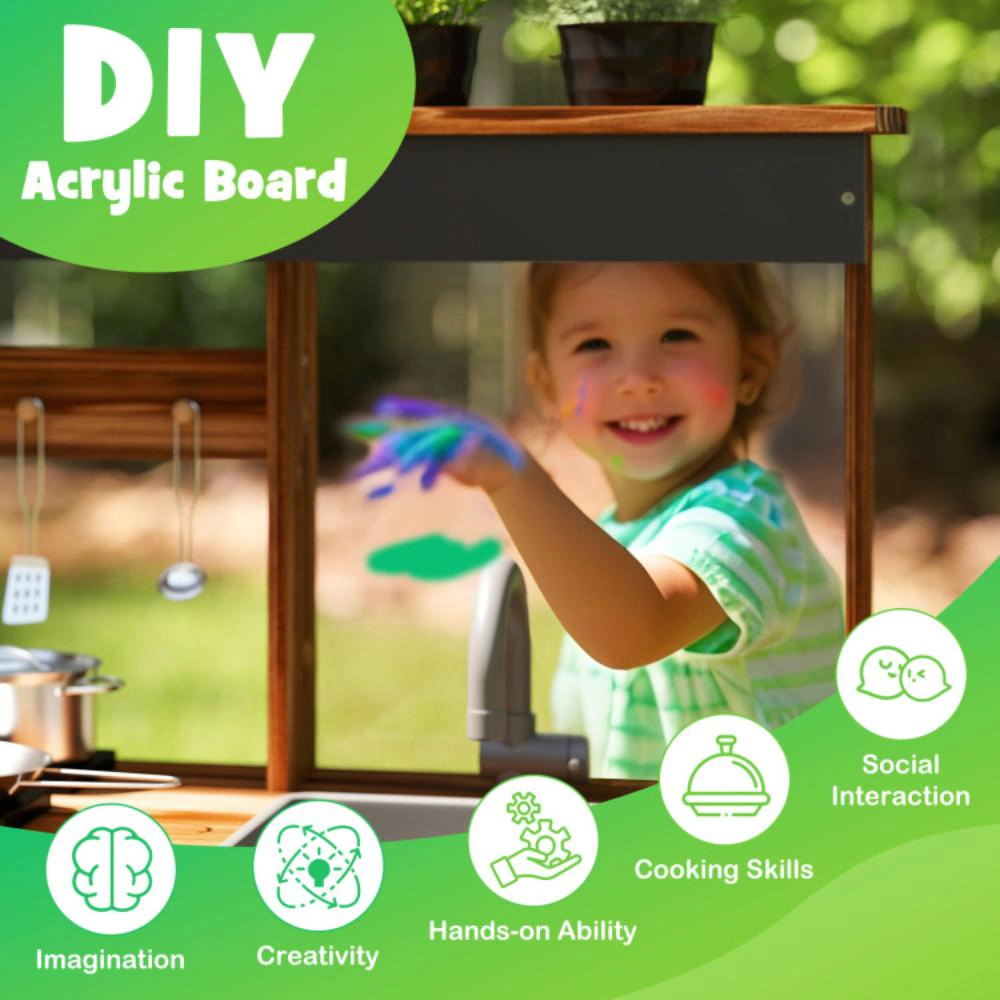Hivvago Mud Kitchen Fir Wood Play Kitchen with 4 Panting Pots Faucet Removable Sink-Natural