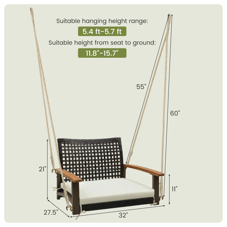 Hivvago Single Rattan Porch Swing With Armrests Cushion And Hanging Ropes