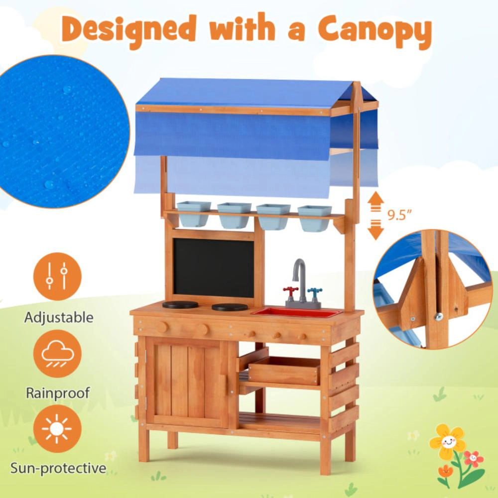 Hivvago Wooden Pretend Play Kitchen with Height Adjustable Canopy for Kids-Natural