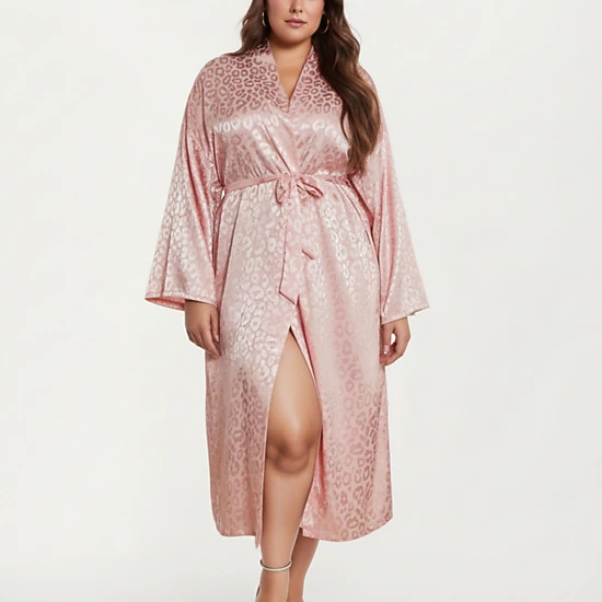 Anna-Kaci Women's Satin Jacquard Leopard Pattern Robe Waist Tie Silky Fabric Wide Sleeves and Longline Silhouette