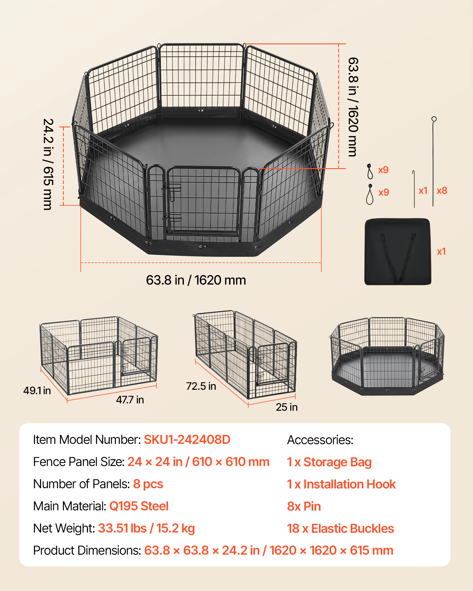 HONGGE Heavy Duty 8 Panel Dog Playpen with Door, Foldable Metal Pet Fence for Dogs, Cats, and Small Animals