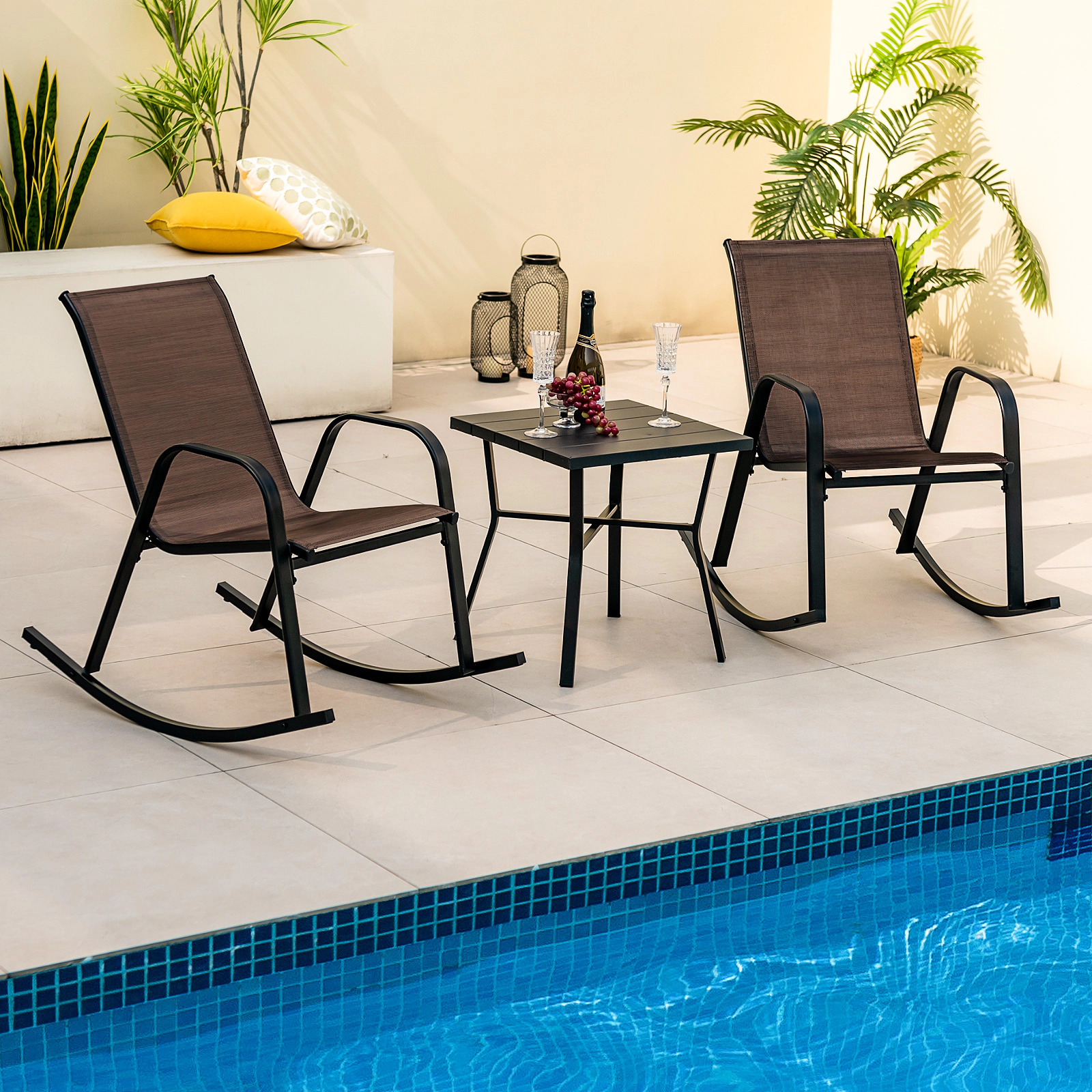 SUGIFT Set of 2 Brown Metal Outdoor Rocking Chairs