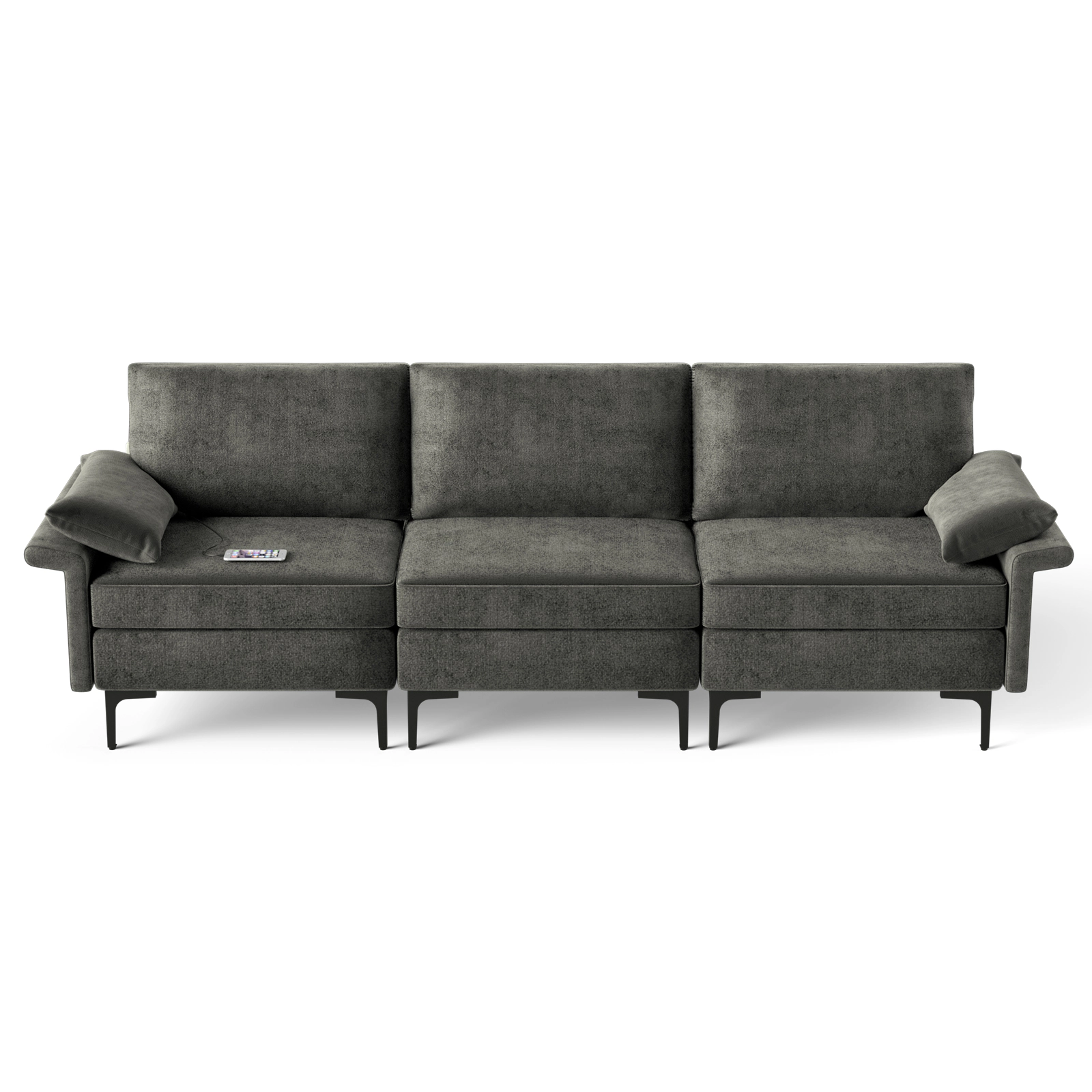 SUGIFT 100.5 in Sectional Sofa Gray Linen 3-Seat Couch with Metal Legs and 2 USB Ports