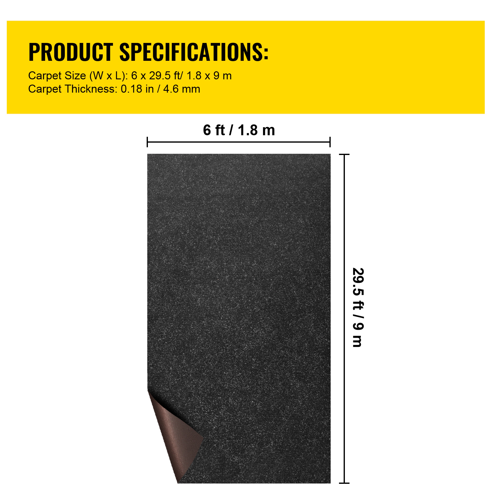 HONGGE Boat Carpet 6 ft Marine Carpet for Boats Waterproof Black Indoor Outdoor Carpet with Marine Backing Anti-Slide