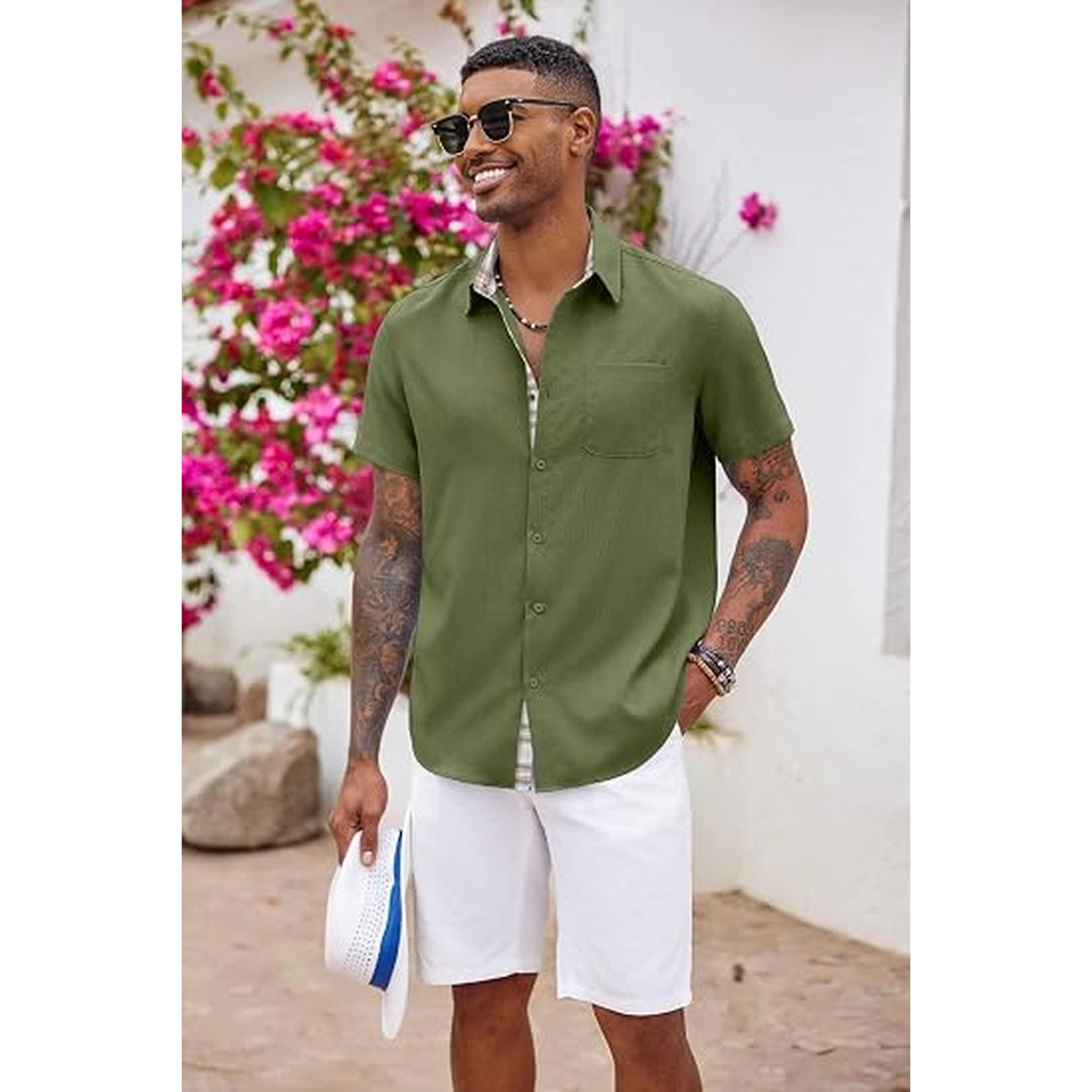 COOFANDY Mens Short Sleeve Button Down Shirt  Lapel Collar Pocket Casual Tops