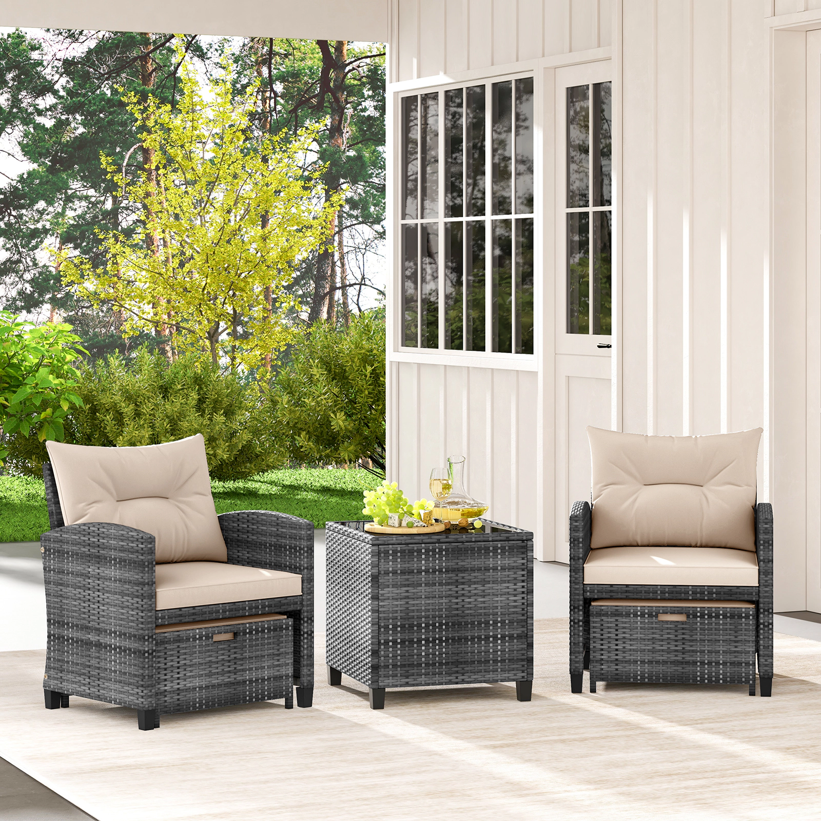 SUGIFT 5-Piece Mix Gray PE Rattan Patio Set with 2 Chairs, 2 Ottomans and Glass Table