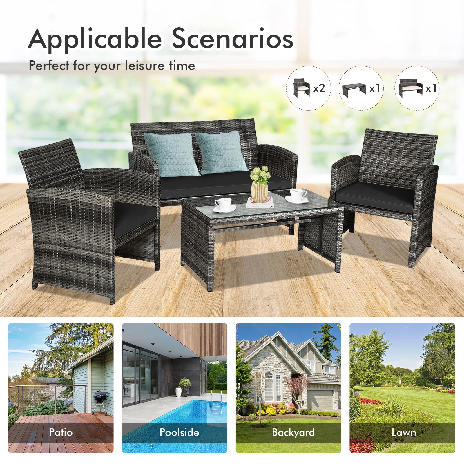 SUGIFT 4-Piece Black Outdoor Wicker Patio Set with Loveseat, 2 Armchairs and Glass Coffee Table