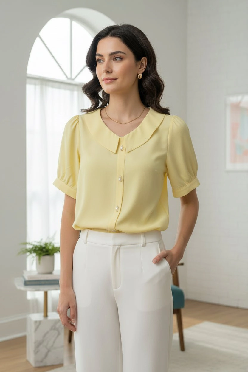 DressAtR Women's Split Collar Round Neck Pearl Detail Puff Elbow Sleeve Blouse