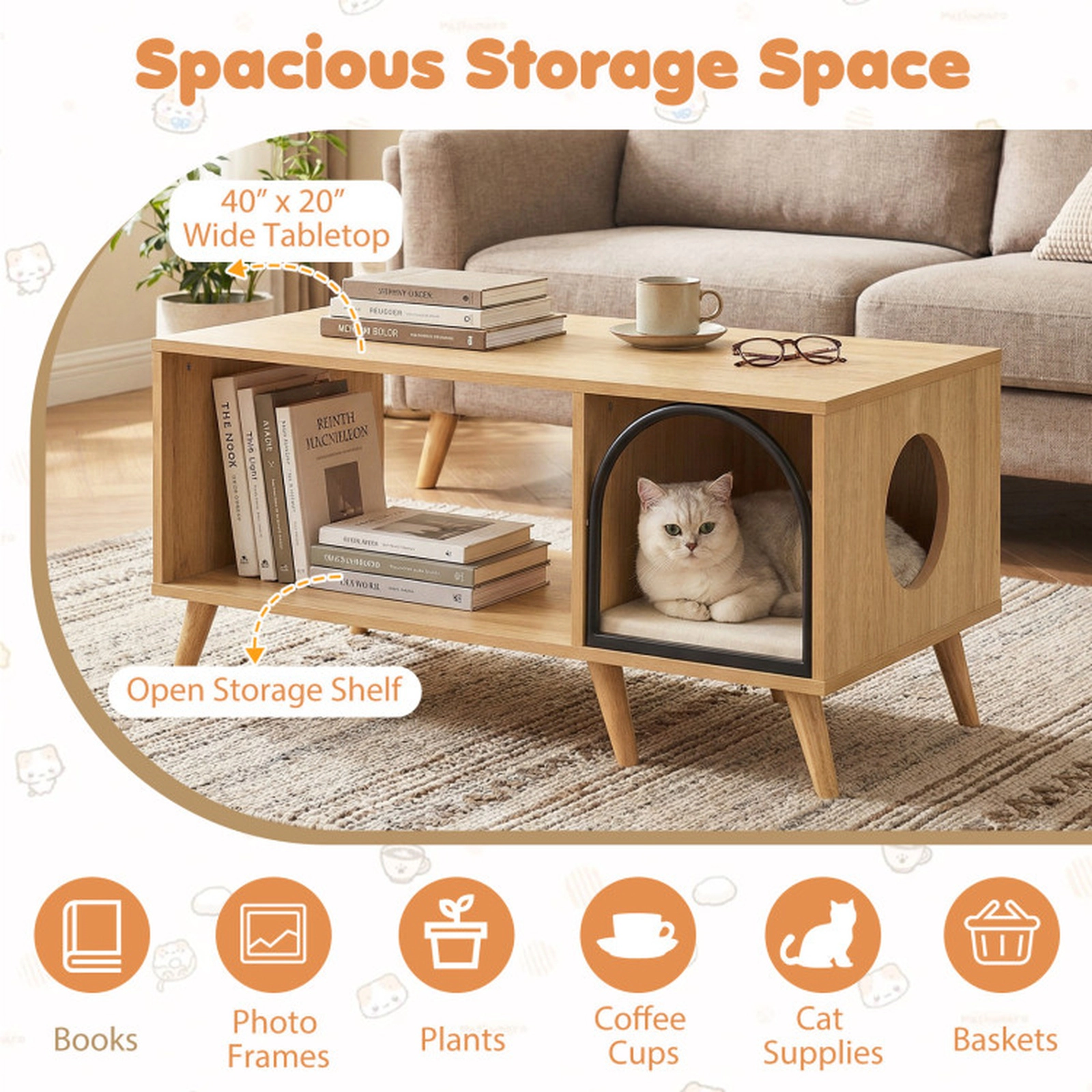 SUGIFT Natural 2-in-1 Coffee Table Cat House with Open Shelf 40-in W 20-in D 18-in H 88-lb Tabletop Capacity
