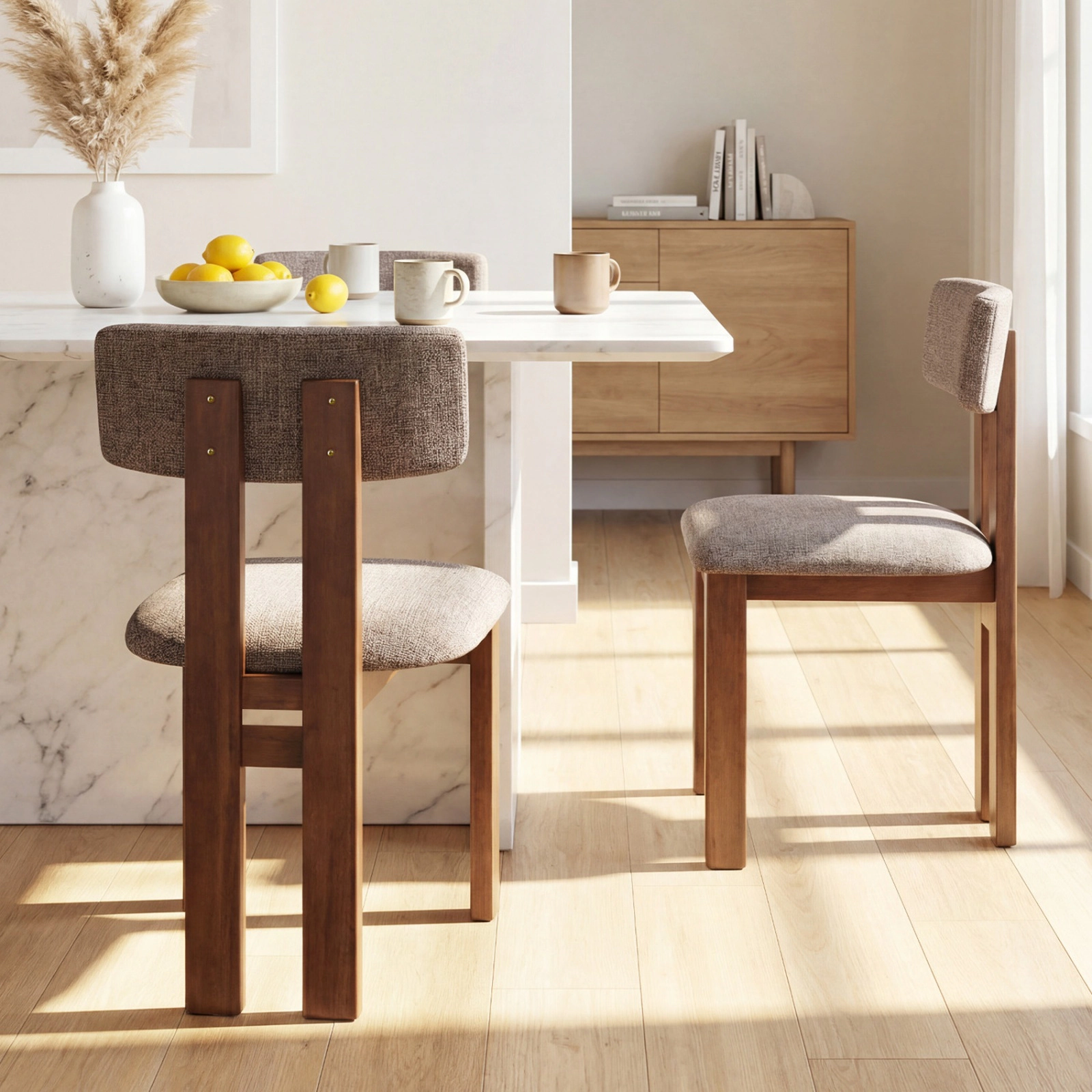 SUGIFT Set of 2 Walnut and Grey Upholstered Dining Chairs with Curved Backrests