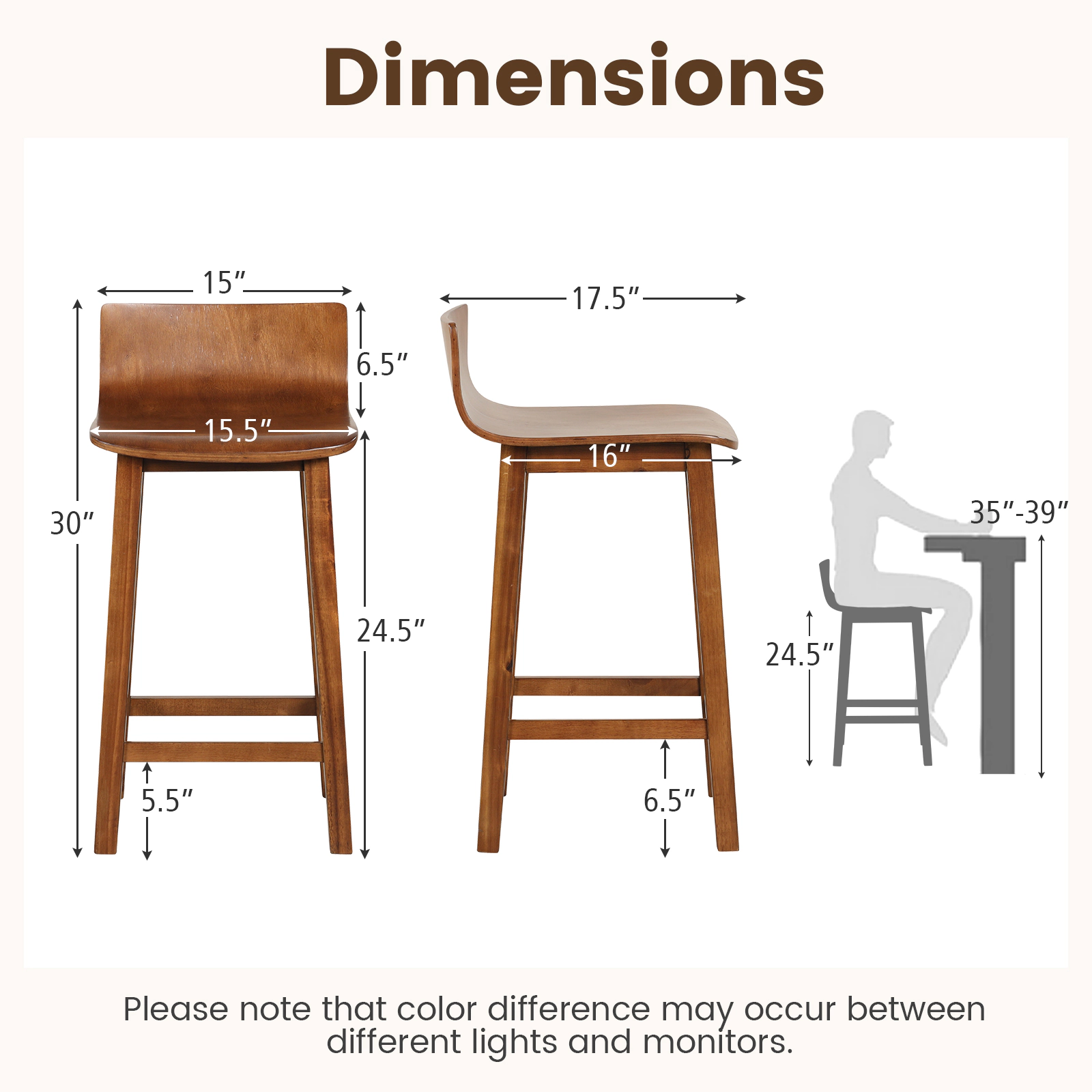 SUGIFT Brown Solid Back and Seat Mid-Century Design Set of 2 Wood Bar Stool