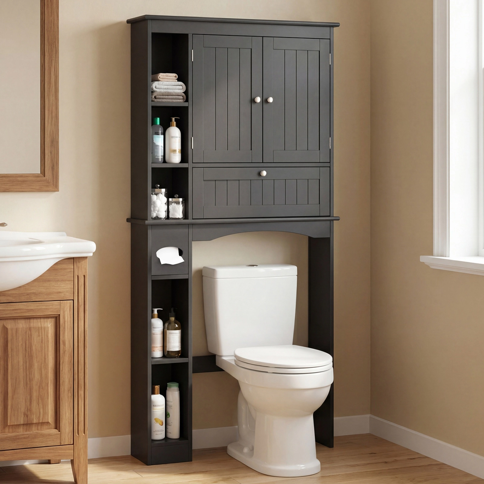 SUGIFT Over the Toilet Storage Cabinet with Adjustable Shelf and Bottom Bar 265-lb Capacity Black