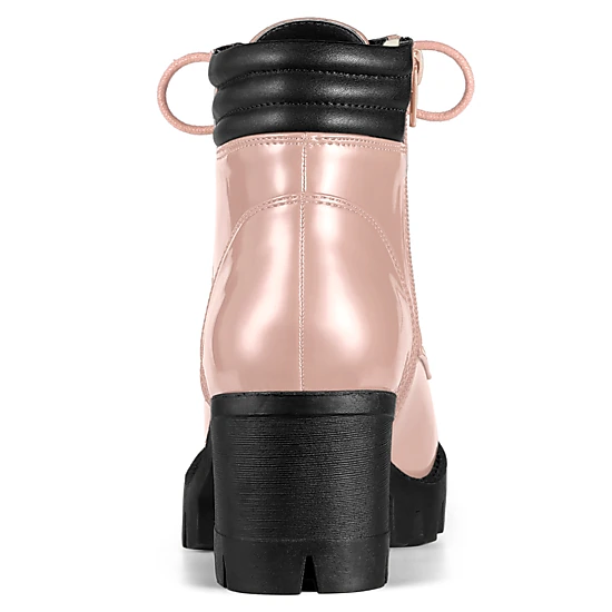 BLISSFUL STEP Women Round Toe Chunky Heel Lace Up Platform Combat Boots
