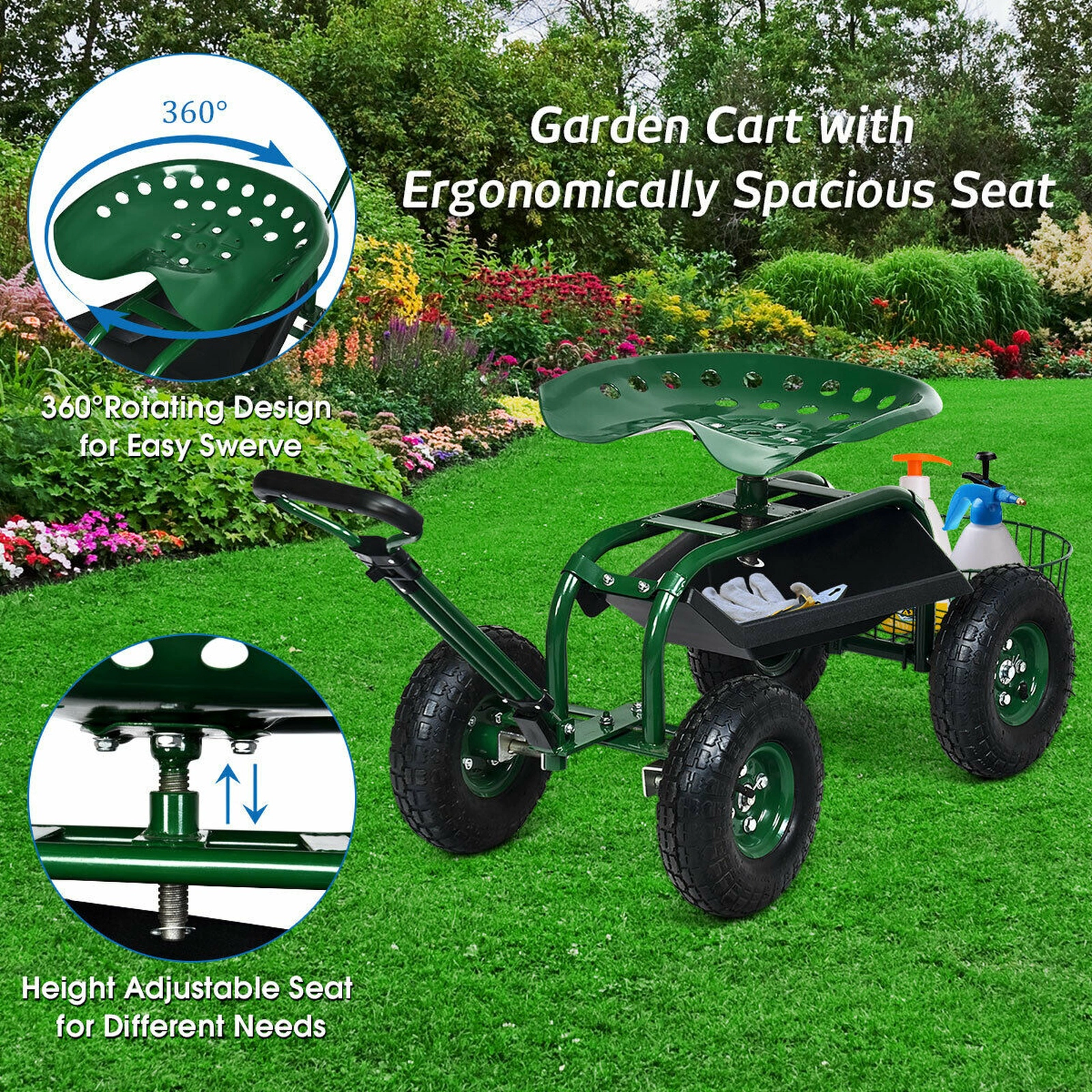 SUGIFT Heavy Duty Garden Cart with Tool Tray and 360 Swivel Seat 330-lb Capacity Green