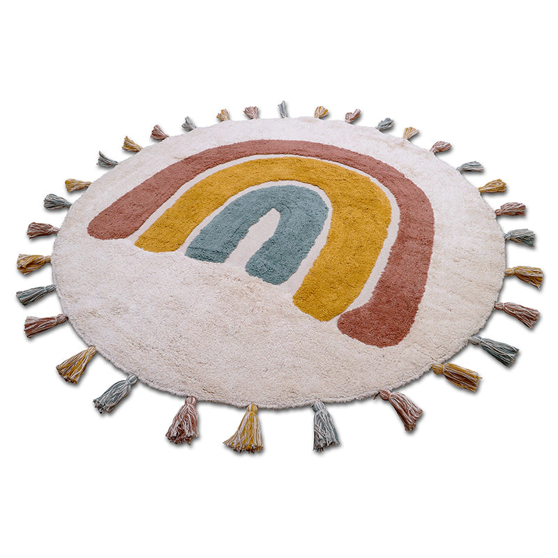 Nattiot Washable Cotton Kid'S Bedroom Rug With Pom-Poms Rainbow