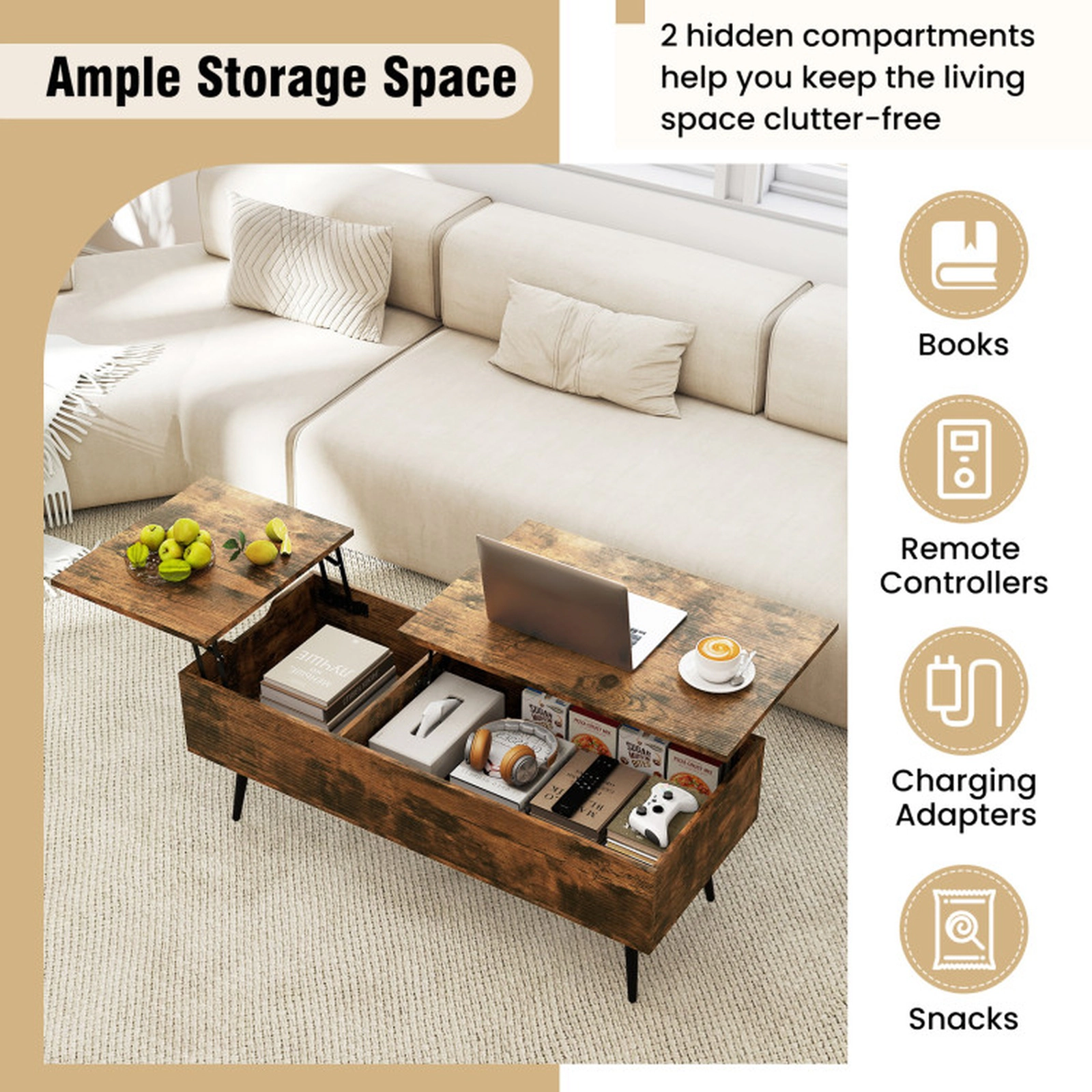 SUGIFT 47-in 132-lb Capacity Dual Pneumatic Lift Top Coffee Table with 2 Hidden Storage Compartments