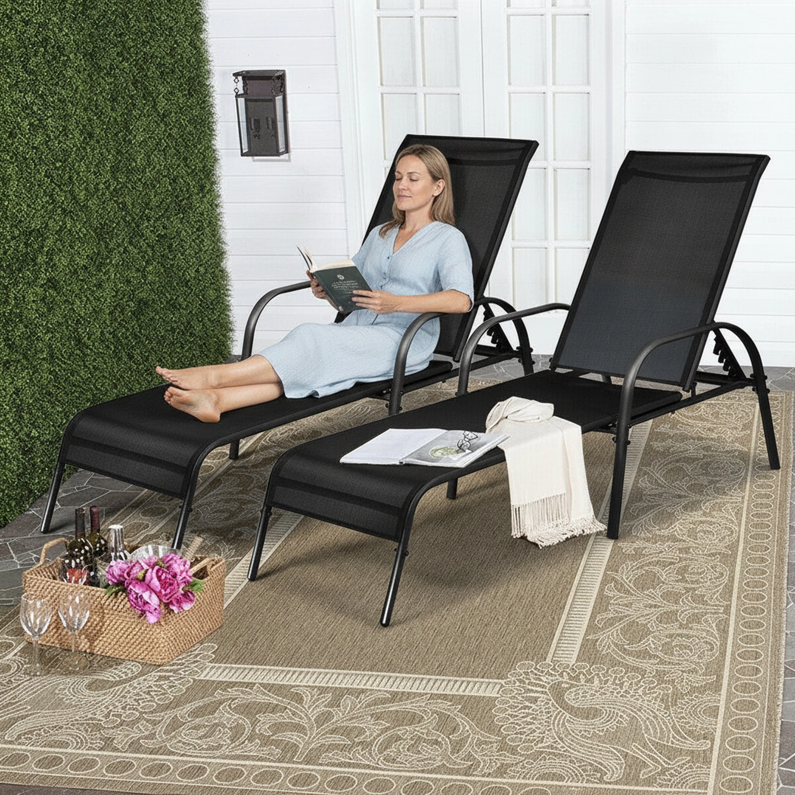 SUGIFT Set of 2 Outdoor Chaise Lounge Chairs, 5-Position Reclining Patio Loungers, Black