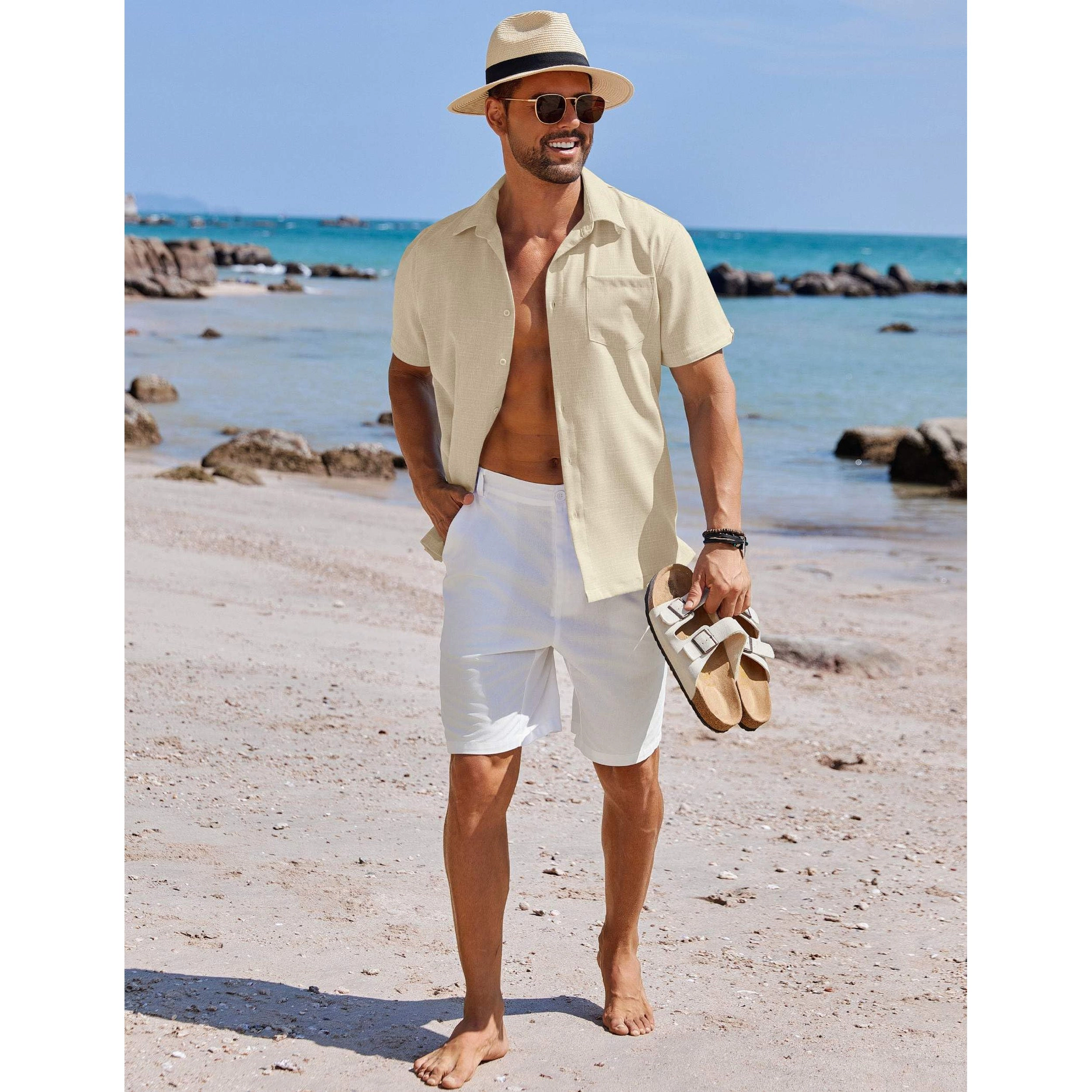 COOFANDY Men's Regular Fit Lightweight Linen Blend Short Sleeve Camp Shirt