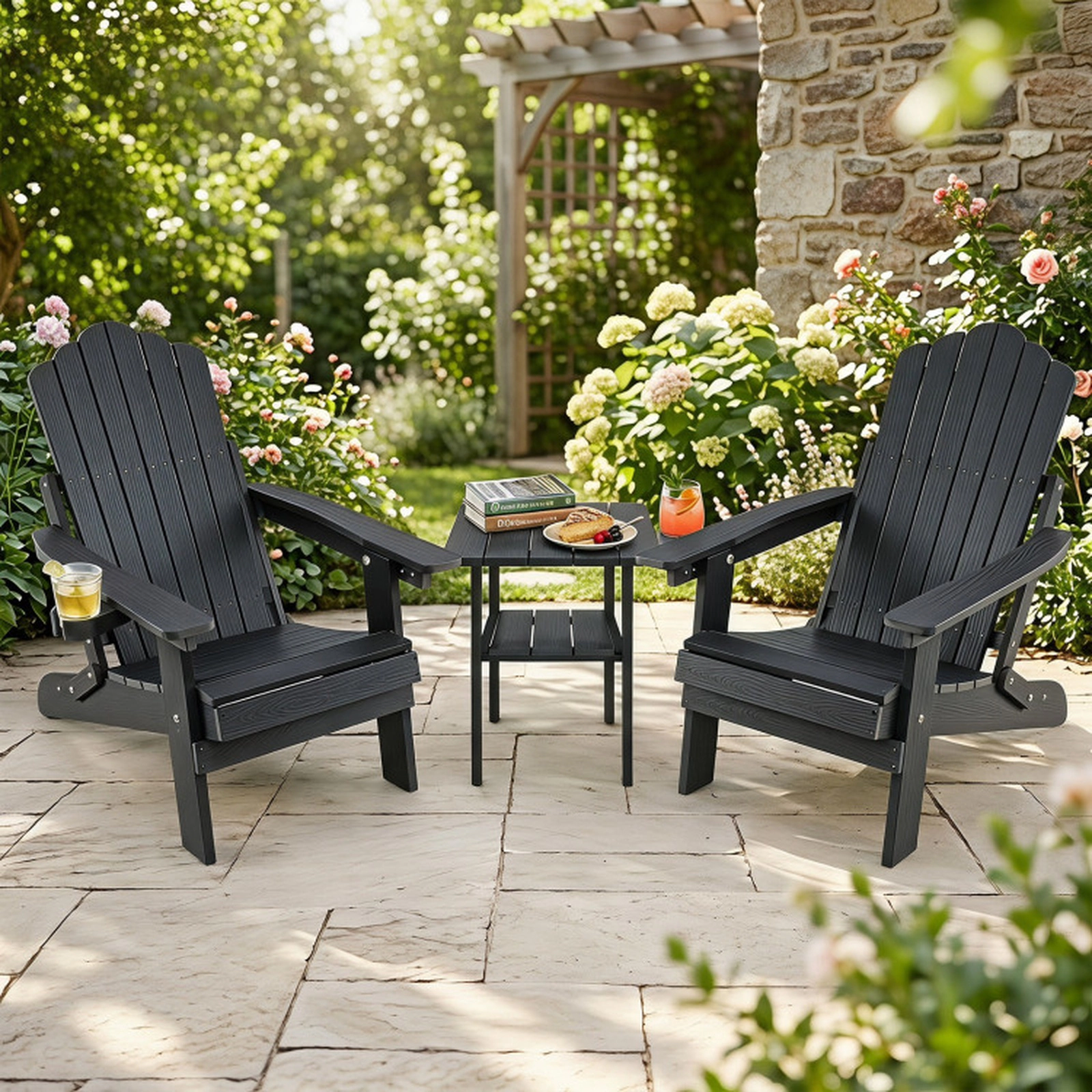 SUGIFT Black Cup Holder and 5-Level Backrest Set of 2 Outdoor Folding Adirondack Chairs
