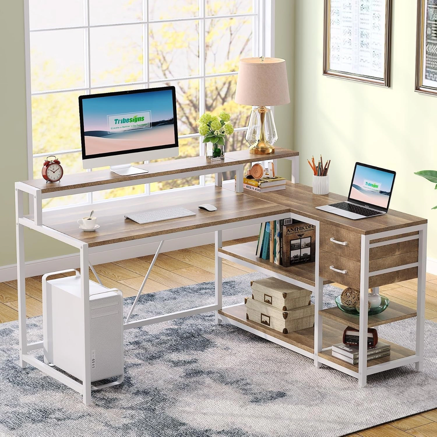 Tribesigns L-Shaped Wood Desk with Drawers