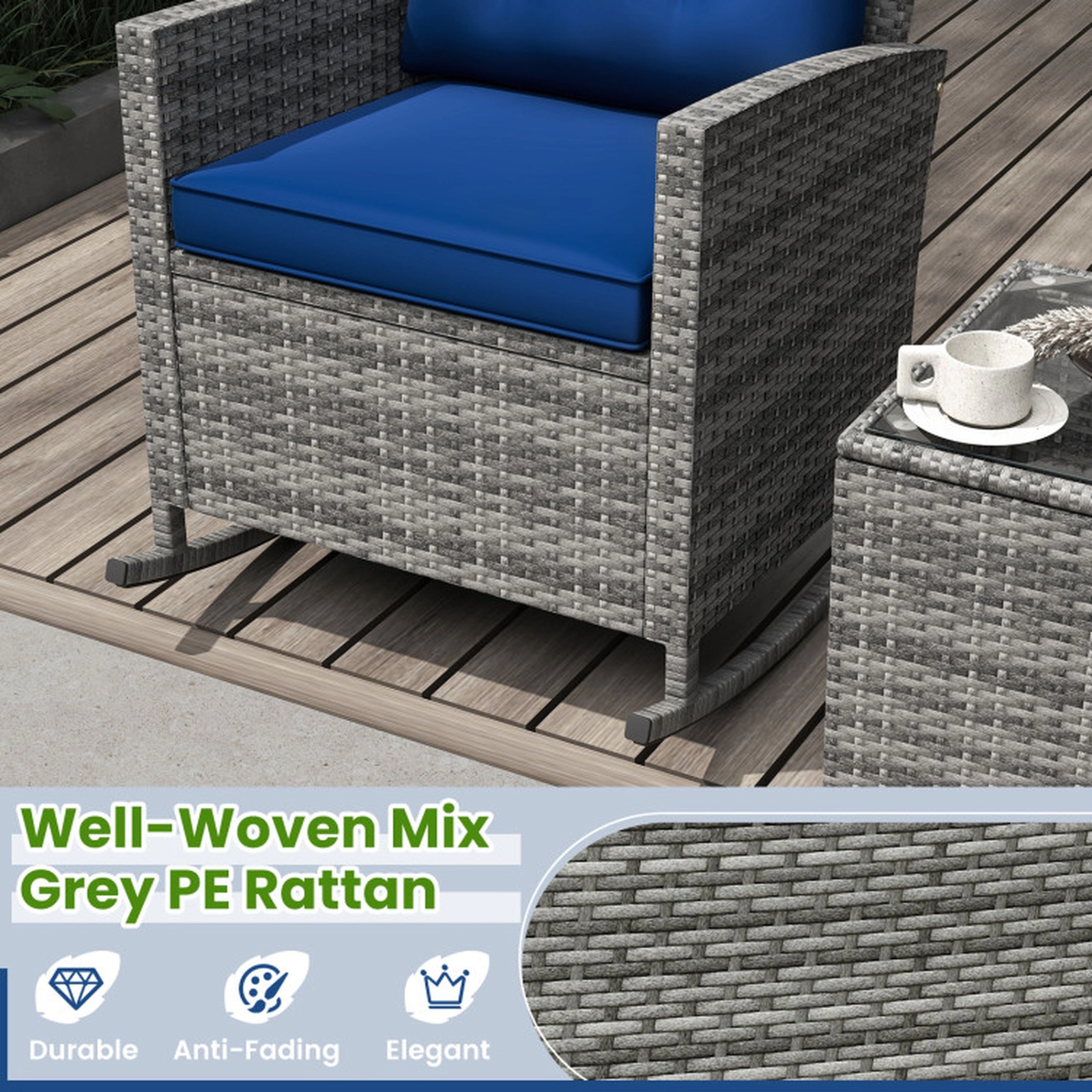 SUGIFT 3-Piece Mix Brown Outdoor Wicker Rocking Chair Set with Glass Table