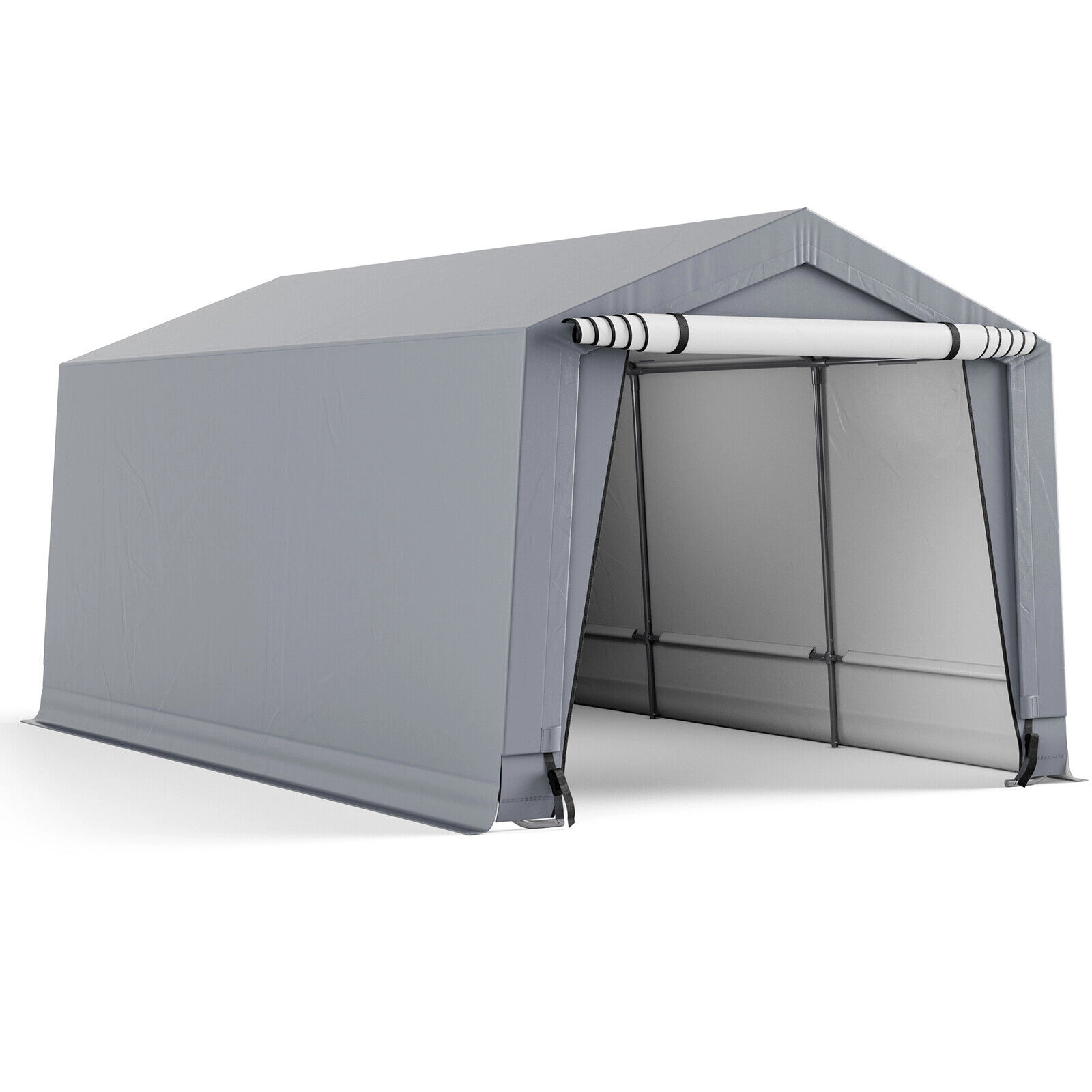 SUGIFT Gray Heavy Duty Galvanized Steel Carport Canopy Tent with 2 Roll Up Doors and 8 Legs 16-ft W 10-ft D