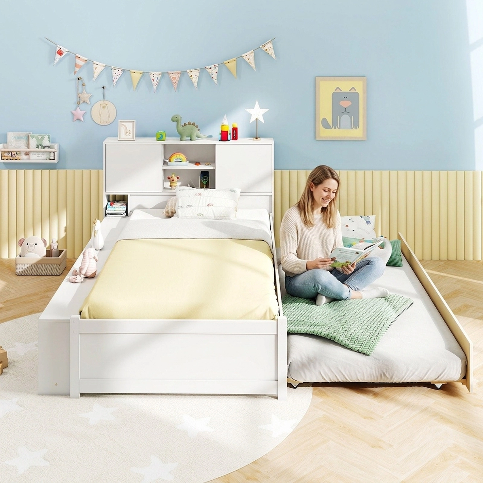 Twin Size Bed Frame with Trundle and Power Outlets Solid Wood Kids Bed with Storage Headboard Bedside Shelves White