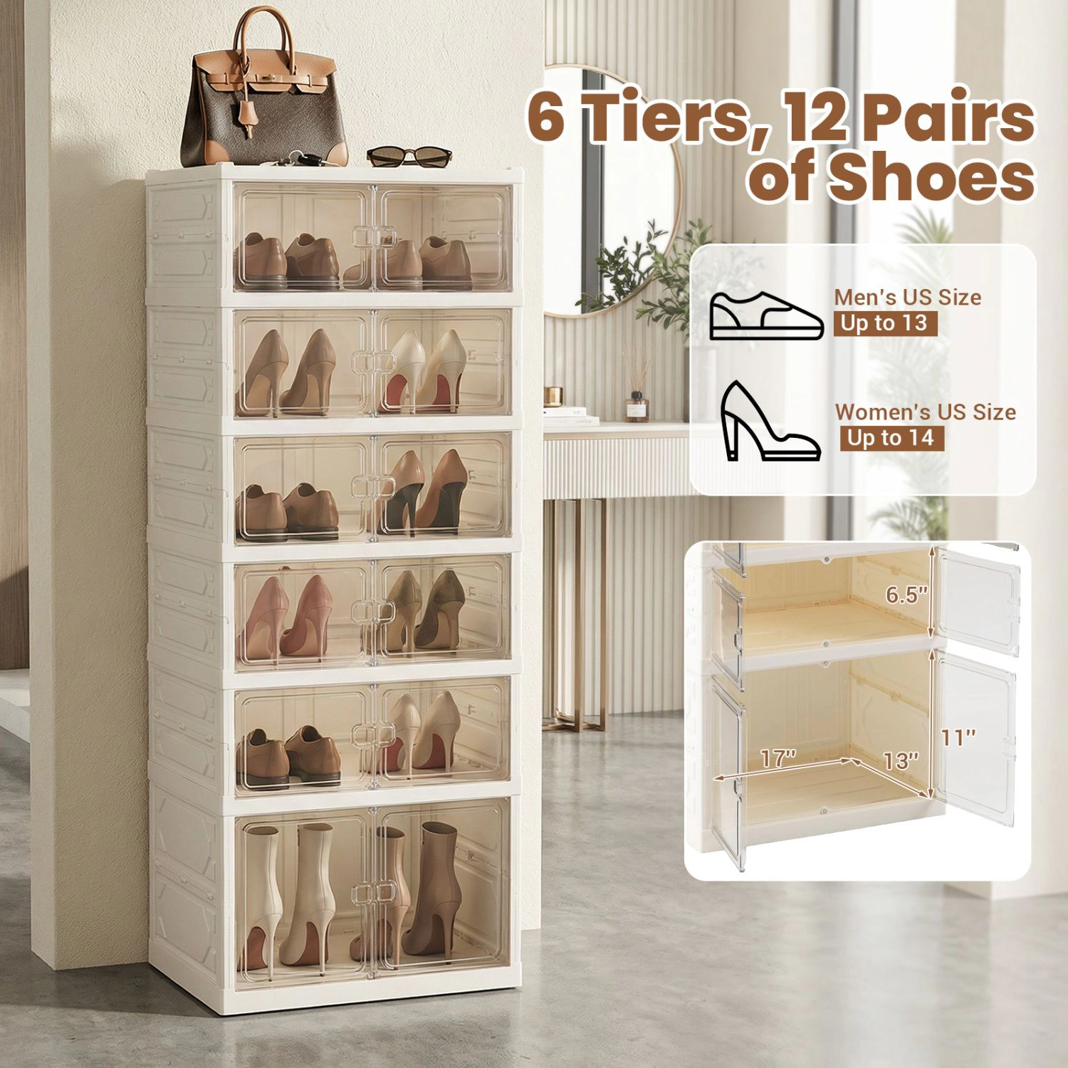 SlickBlue 6-Tier Foldable Shoe Rack with Clear Doors, 12-Pair Storage