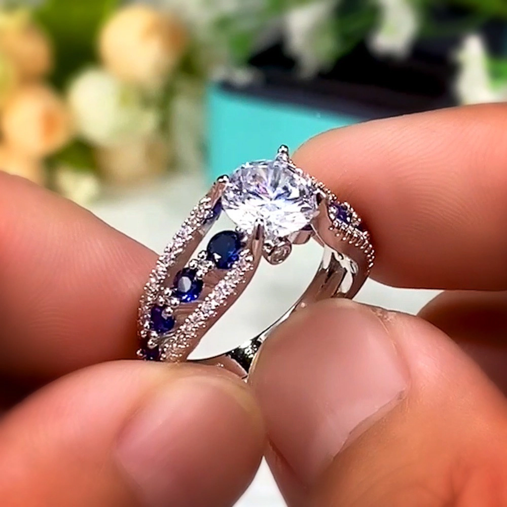 Women Blue White Round CZ Novel Designed Female Party Ring