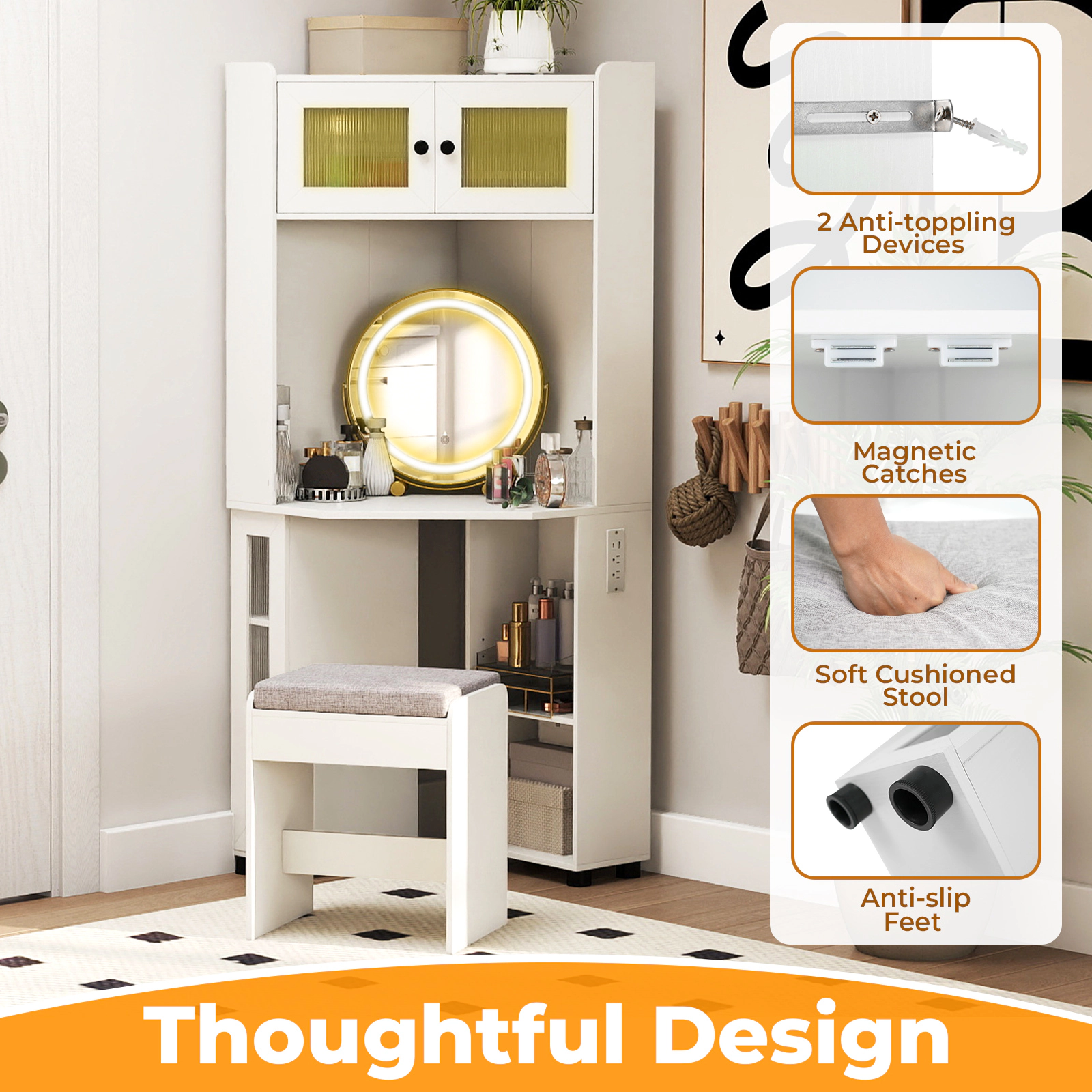 LJG Compact Dressing Corner Vanity Desk with Mirror and Lights