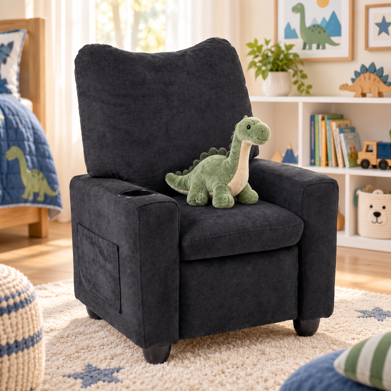SUGIFT Kids Chenille Fabric Cup Holder Push Back Recliner 24-in x 20.5-in x 30-in 150-lb Capacity Ages 3+ Black